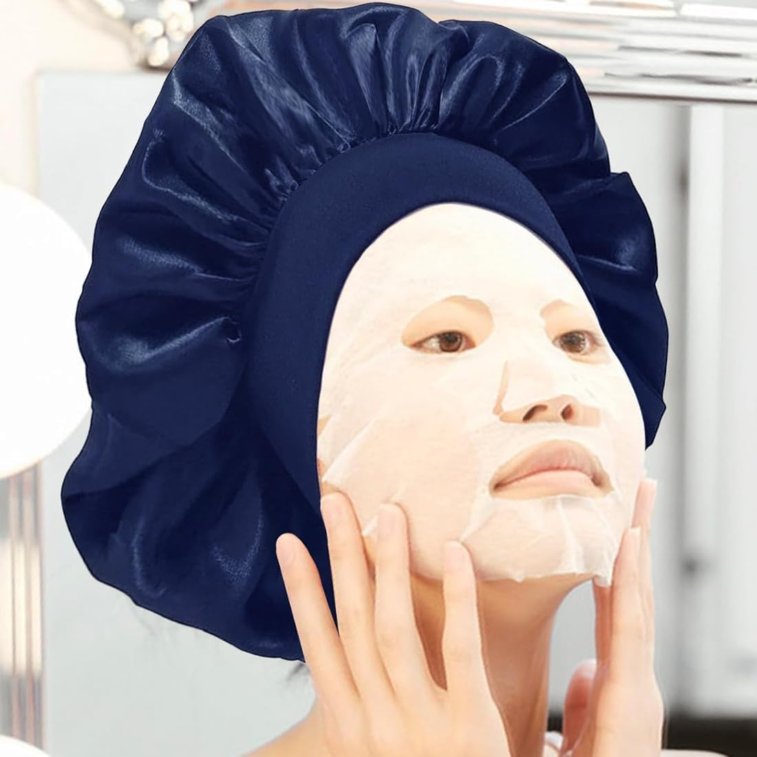 VIVIIHOO Silk Bonnet for Men - Black Satin Silk Bonnet with Adjustable Elastic Band - Soft, Comfortable and Ideal for Sleeping - Large Bonnet for Men and Women (Navy Blue)