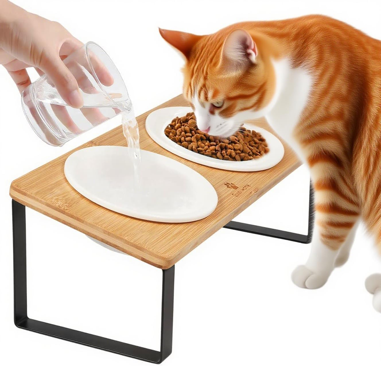 MEKAPLE Ceramic Elevated Cat Bowls, Elevated Puppy Bowls for Food & Water &ndash; 5.5-Inch Wide Bamboo Stand with Tilted Design to Prevent Vomiting, Orthopedic Double Dish for Indoor Use (Wooden Finish) image number 4