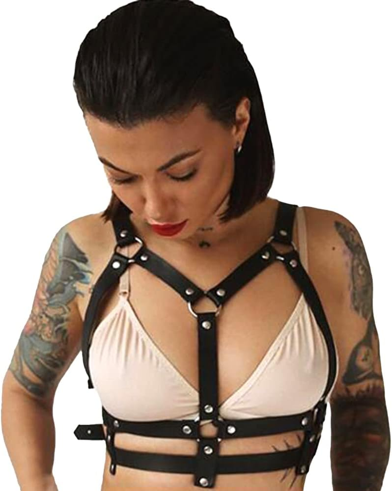 Wiwpar Punk Black Leather Chest Harness Body Waist Chain Belt Rave Nightclub Sexy Belly Bra Jewelry Accessory for Women Girls image number 1