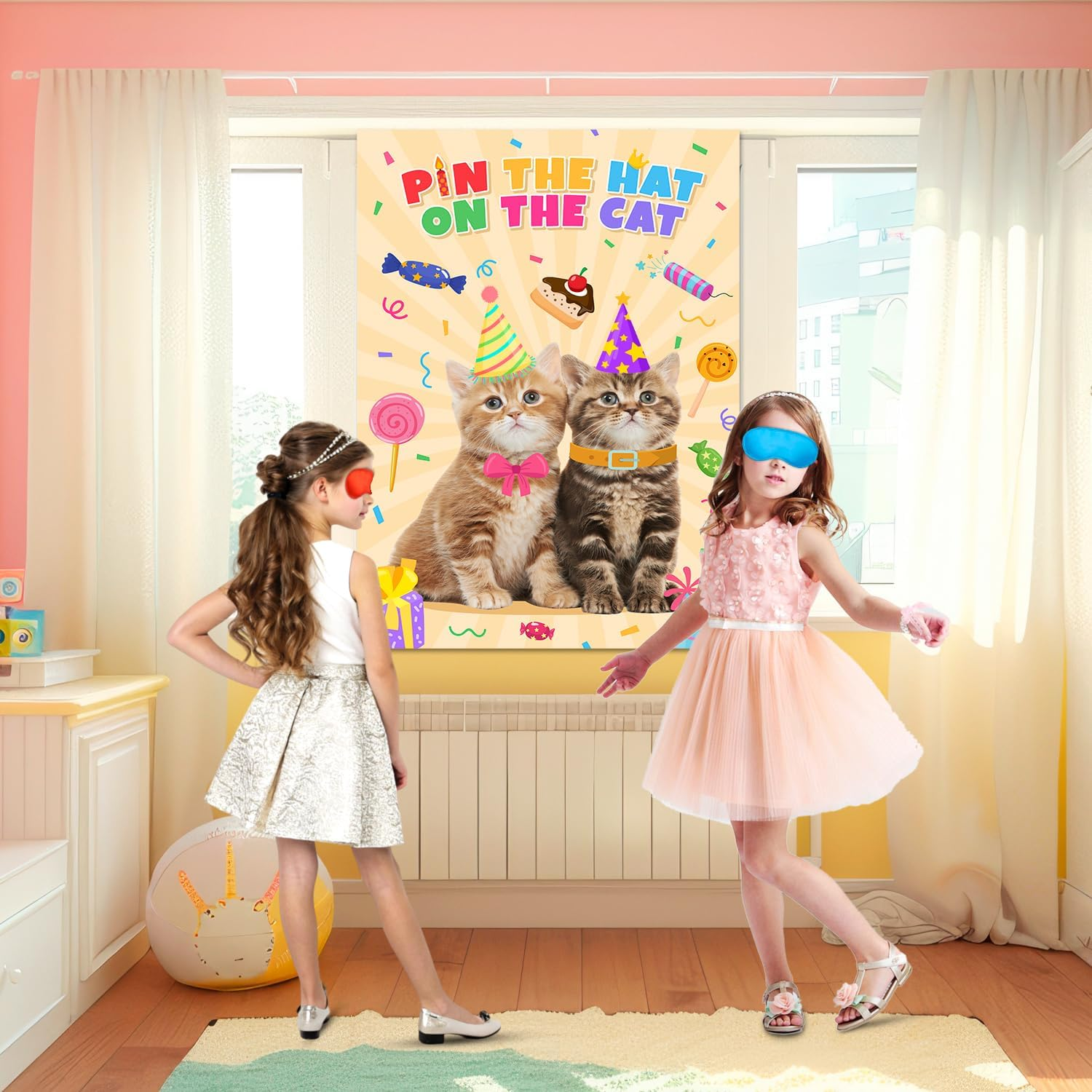 Pin the Hat on the Cat Party Games, 7 Pcs Cat Birthday Party Games Kit - Games Poster, Birthday Hat Stickers Etc Decorations Supplies