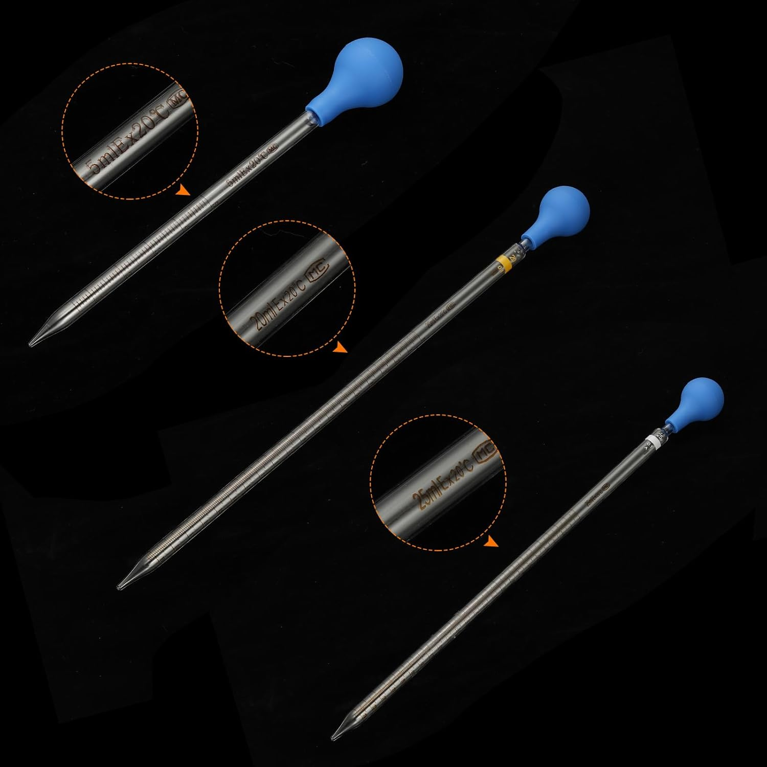 Uxcell Graduated Dropper Pipettes Kit, 3 Pack 5Ml/20Ml/25Ml Borosilicate Glass Pipette with Rubber Squeeze Bulb for Transfer Liquid for Lab, Chemistry image number 3