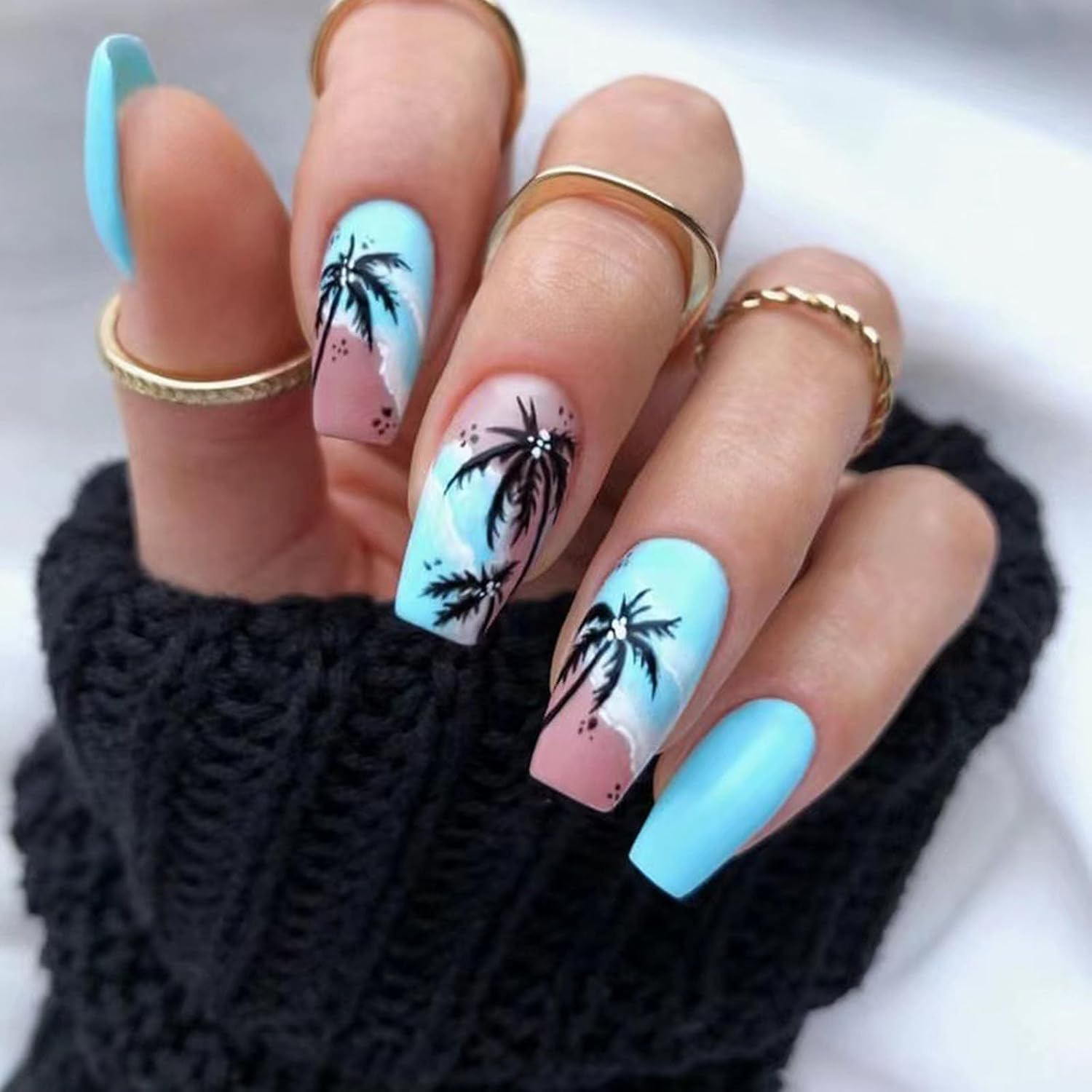24 Pcs Coconut Tree Fake Claws Gradient Faux Glossy Full Cover Stick on Long Press On image number 5