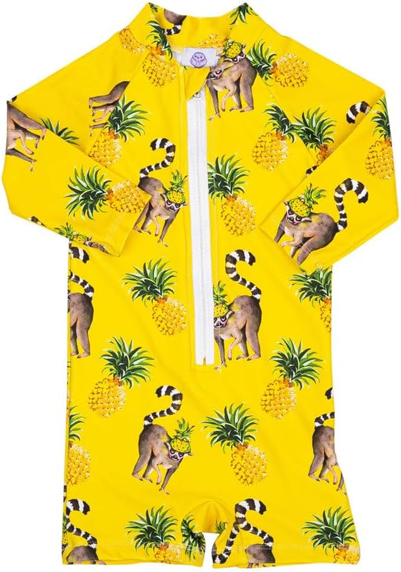 Cheeky Chickadee Pineapple Lemurs Unisex Long Sleeve Zip Swimmers |3-6M Yellow image number 3