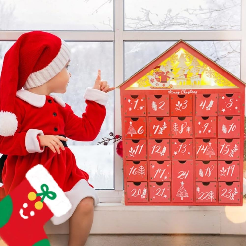 LED Christmas Advent Calendar with 24 Storage Drawers Wooden Advent Calendar Decorated with Christmas Tree House Reusable Xmas Countdown Calendar DIY for Adults Kids Gifts Holiday Decoration (Red) - Red image number 5