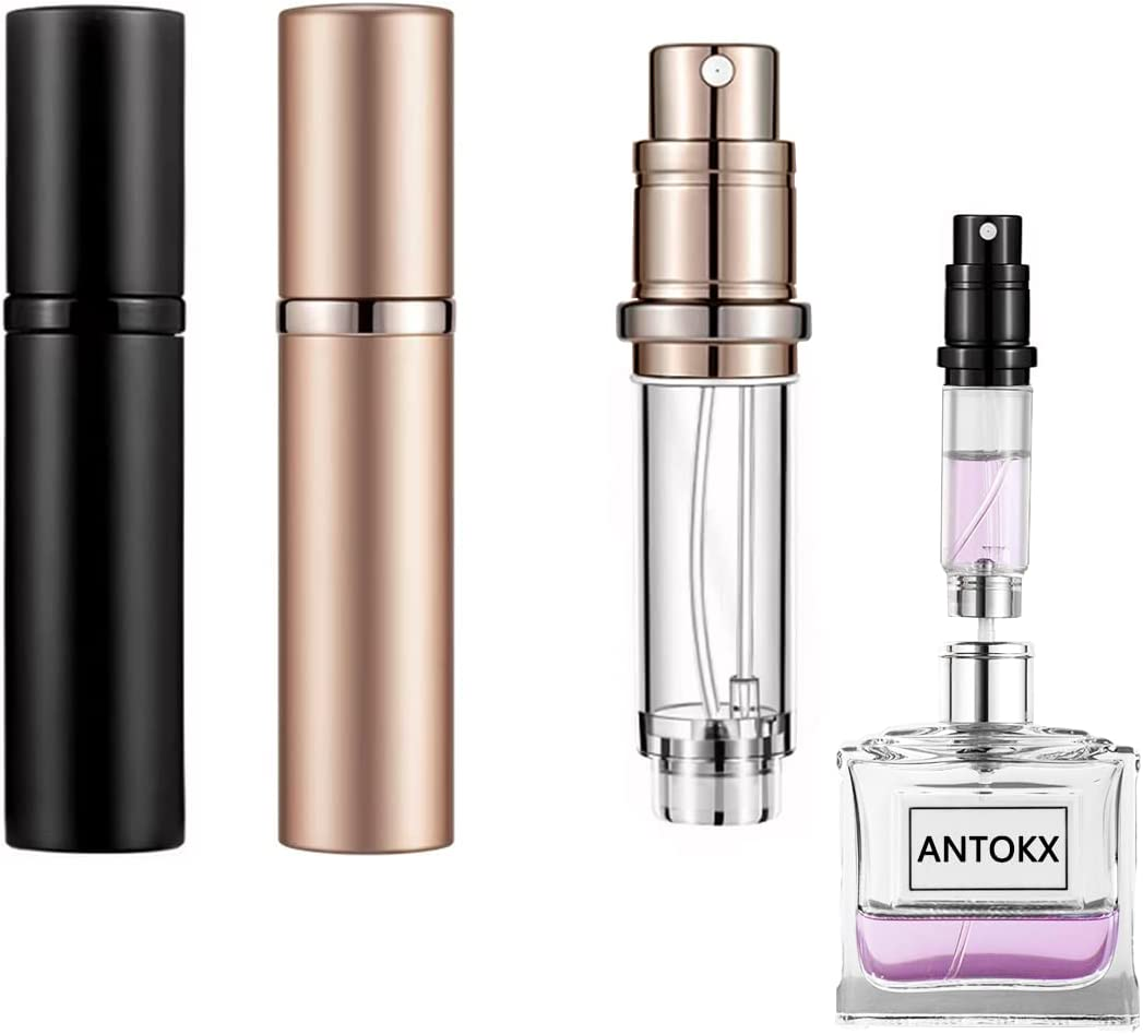 Travel Perfume Refillable Bottle Atomiser - 2-Pack 5ML ANTOKX Perfume Atomiser, Pocket Perfume Dispenser, Scent Pump Case, Leakproof Portable Perfume Sprayer for Women and Men (Black & Grey)