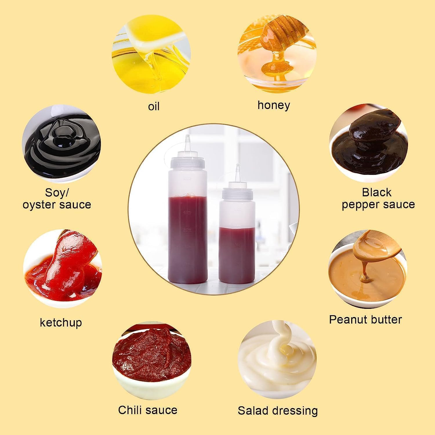 Hysgscwd 8Pcs Condiment Squeeze Bottles, 16Oz Durable Sauce Bottles with Twist on Caps and Measurement, Reusable Plastic Squeeze Squirt Bottle, Leakproof Condiment Dispenser for Ketchup Salad Dressing image number 4