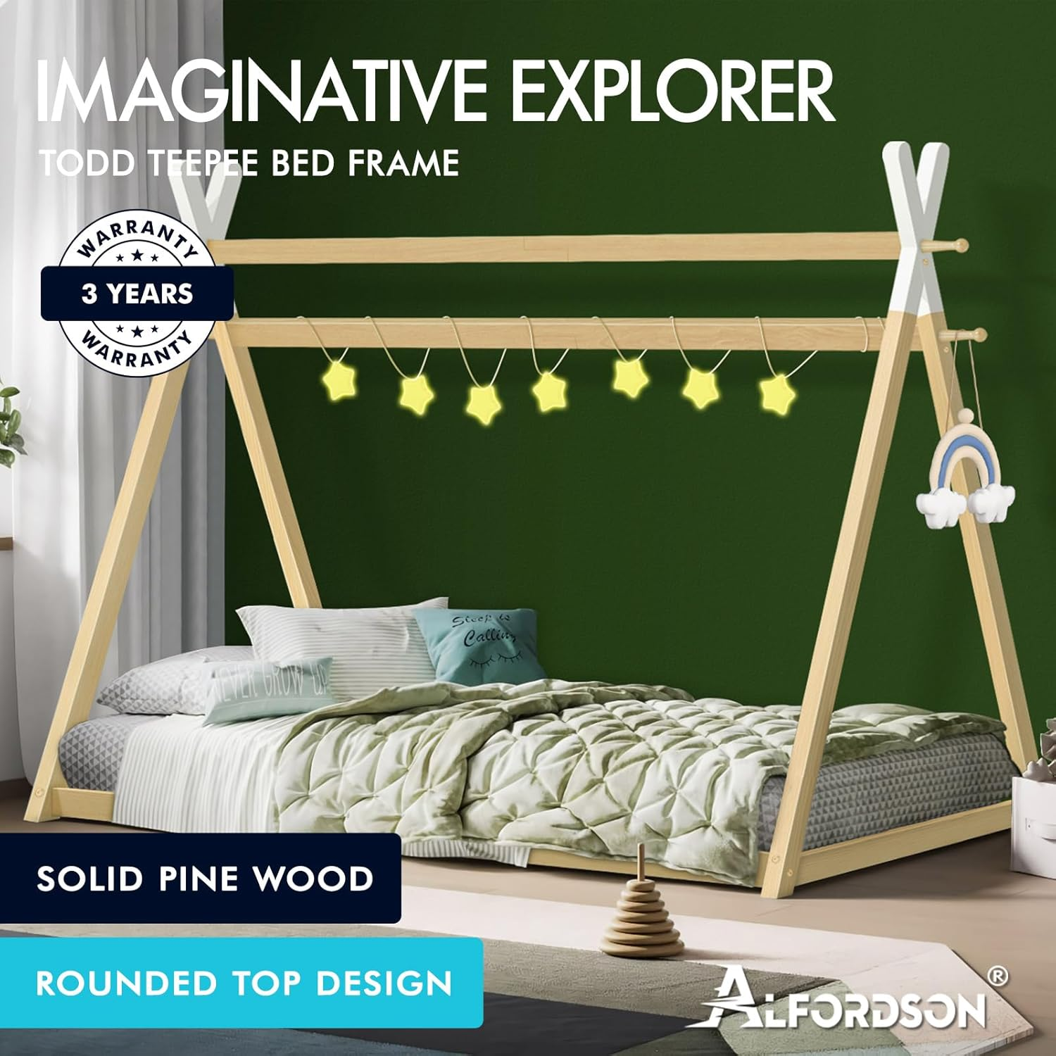 ALFORDSON Wooden Timber House Bed Frame Teepee Single, Solid Wood Bed Base Foundation Children'S Mattress Base Platform, Taran Series Bedroom Furniture, Thomas Series, Wood Color image number 4