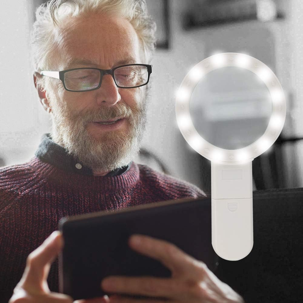 30X Magnifying Glass with Light - Handheld 12 LED Lighted Illuminated Large Lit Magnifier for Kids & Seniors Reading, Jewelers, Coins, Inspection, Exploring