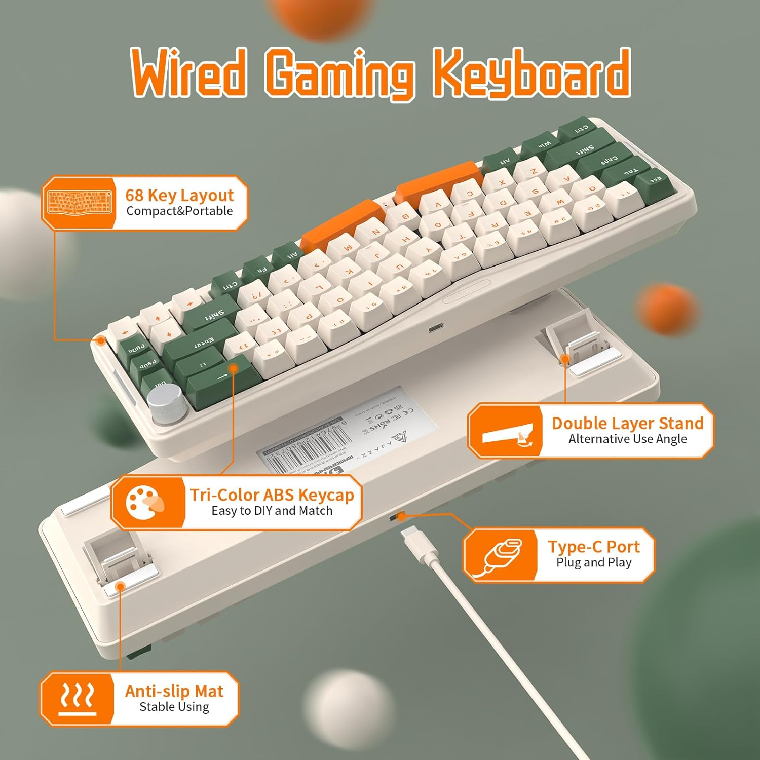 ATTACK SHARK AKS068 Wired Mechanical Gaming Keyboard 65% Alice Layout Hot-Swapped Gasket Mount with RGB Backlit via Programmable Knob NKRO TKL as Pre-Lubed Clicky Blue Switch for Win/Mac(Green) image number 3