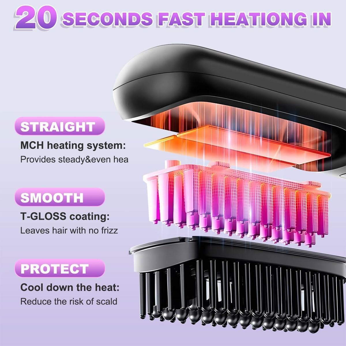 Hair Straightener Brush Cordless, Mini Hair Straightening Brush with USB Rechargeable, LED Display, Fast Heating, Portable Heating Brush for Travel, Mini Hot Ionic Straightener Comb for Women, Pink - Black image number 6