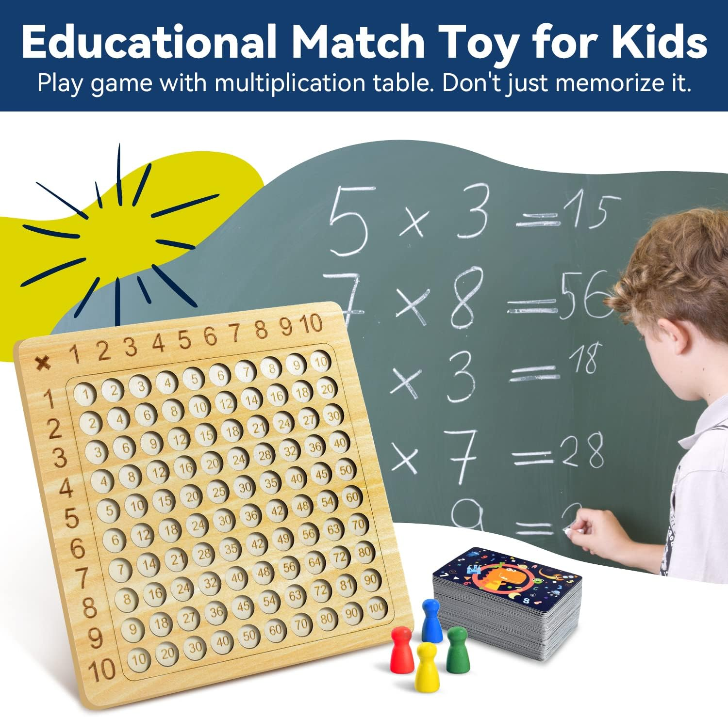 BAKAM Wooden Multiplication Board Math Game for Kids 8-12, Math Manipulatives Set with 100PCS Flash Cards for Kids 6-8 Years Old, Montessori Counting Toy for Boys Girls Preschool Learning