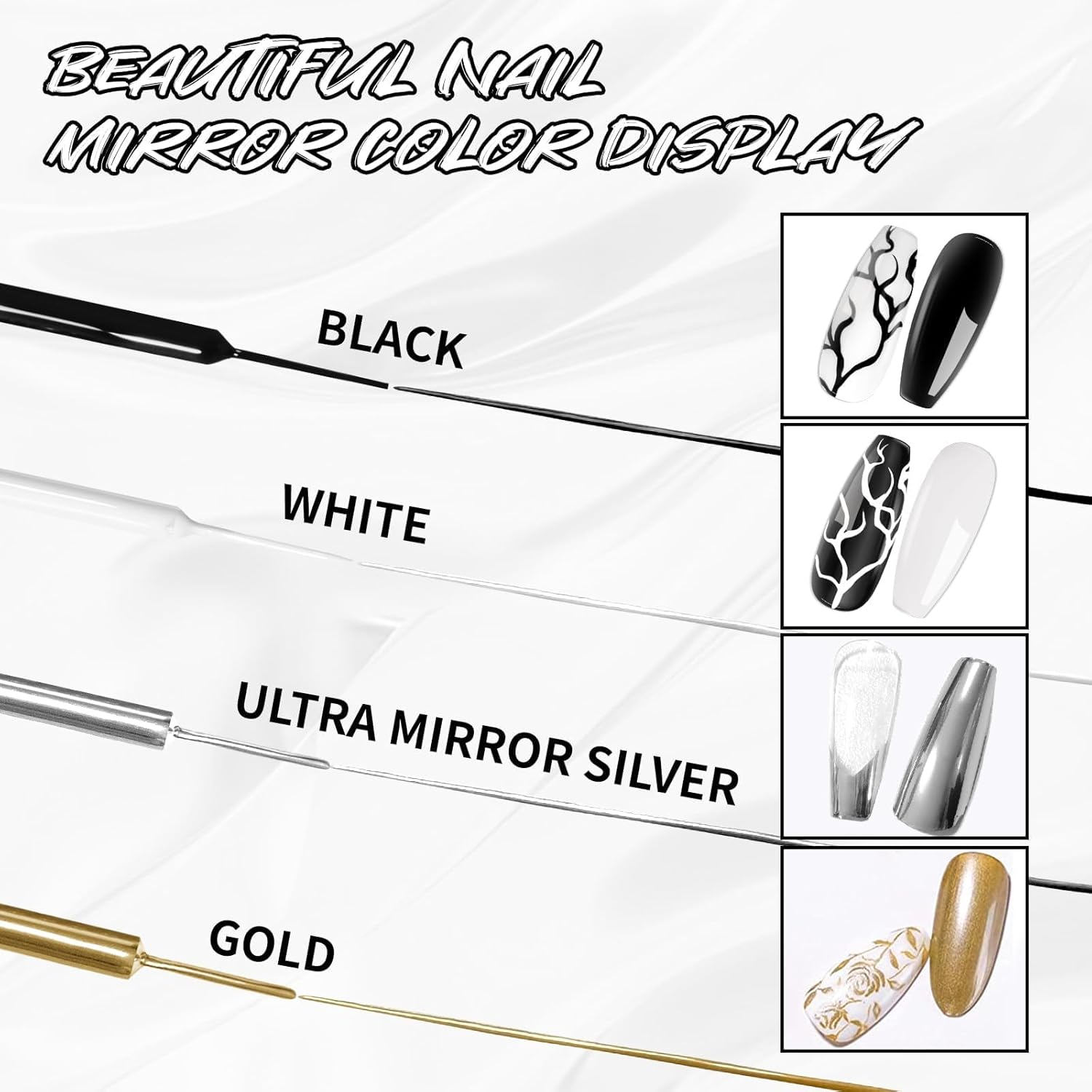 4X12Ml Metallic Mirror Painting Liner Gel Polish Set, Mirror Chrome Effect Painted Gel &Black & White Nail Polish Drawing Striper Gel Build in Thin Brush Soak off UV/LED Nail Manicure Setb - Set B image number 5