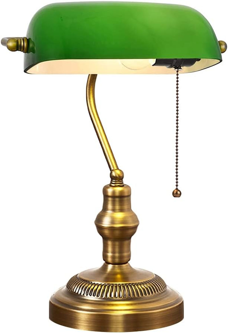 OIJVRHN Desk Lamp Retro Green Glass Shade Polished Brass Metal Base E27 Bankers Table Lamp with Pull Line Switch