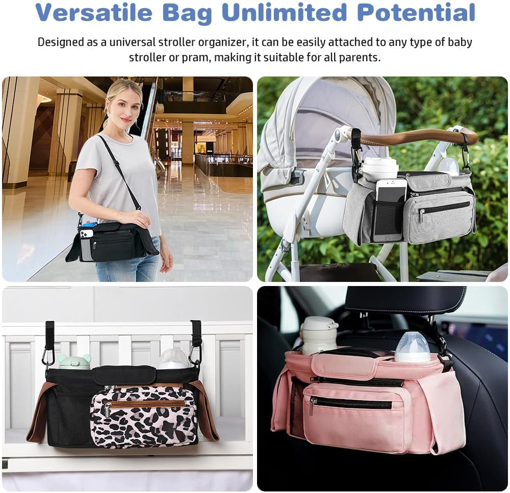 BLAZDEVE Baby Stroller Organizer with Insulated Cup Holder, Large Storage Space Stroller Bag with Detachable Phone Bag and Shoulder Strap for Uppababy, for Baby Jogger, for Britax (Pink) image number 3