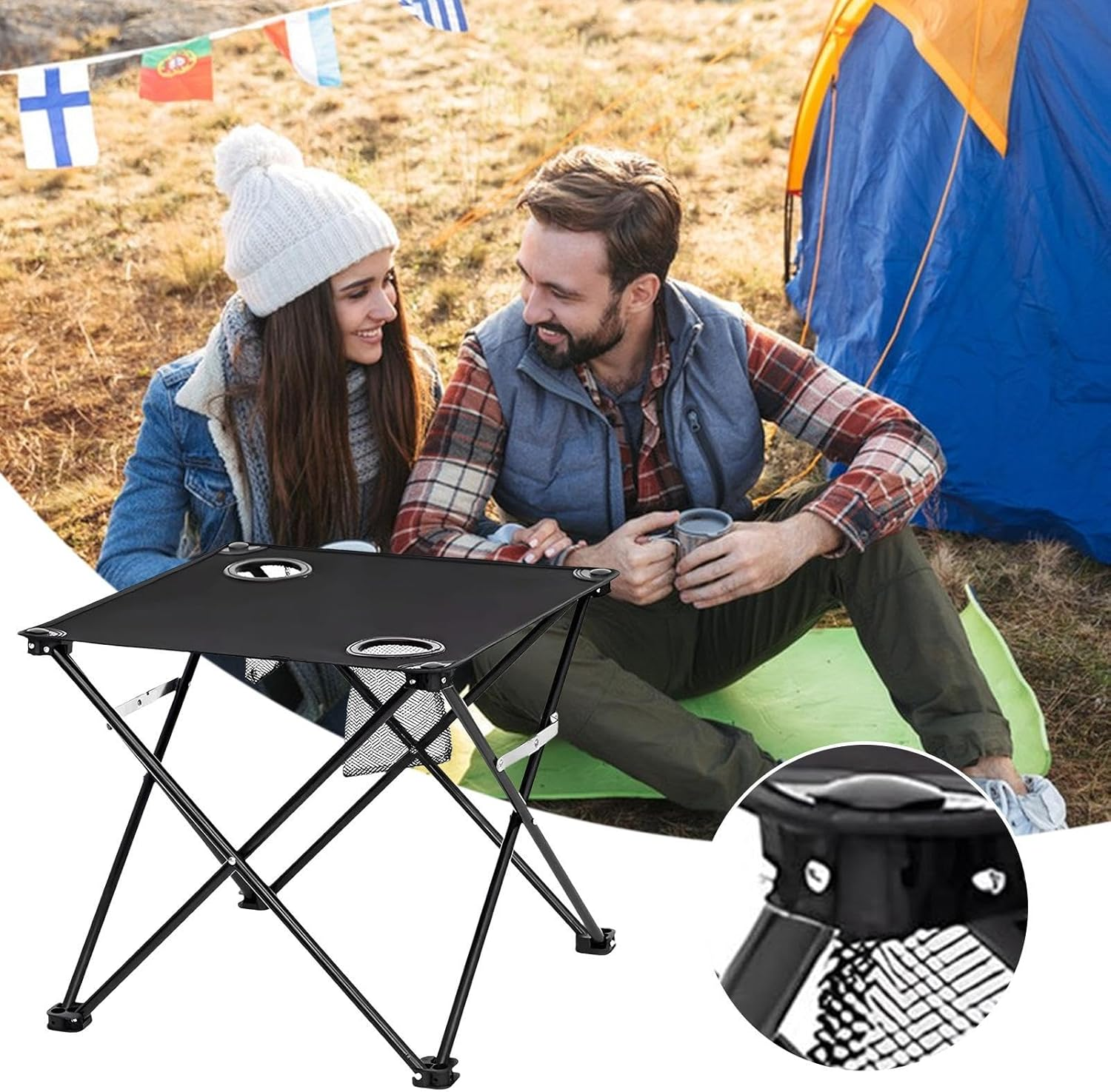 Portable Camping Table | Small Folding Table with 2 Cup Holders, Outdoor Portable Compact Design Lightweight Hiking Travel Fishing Picnic Patio Balcony Garden Home Dining Camping Gear image number 2