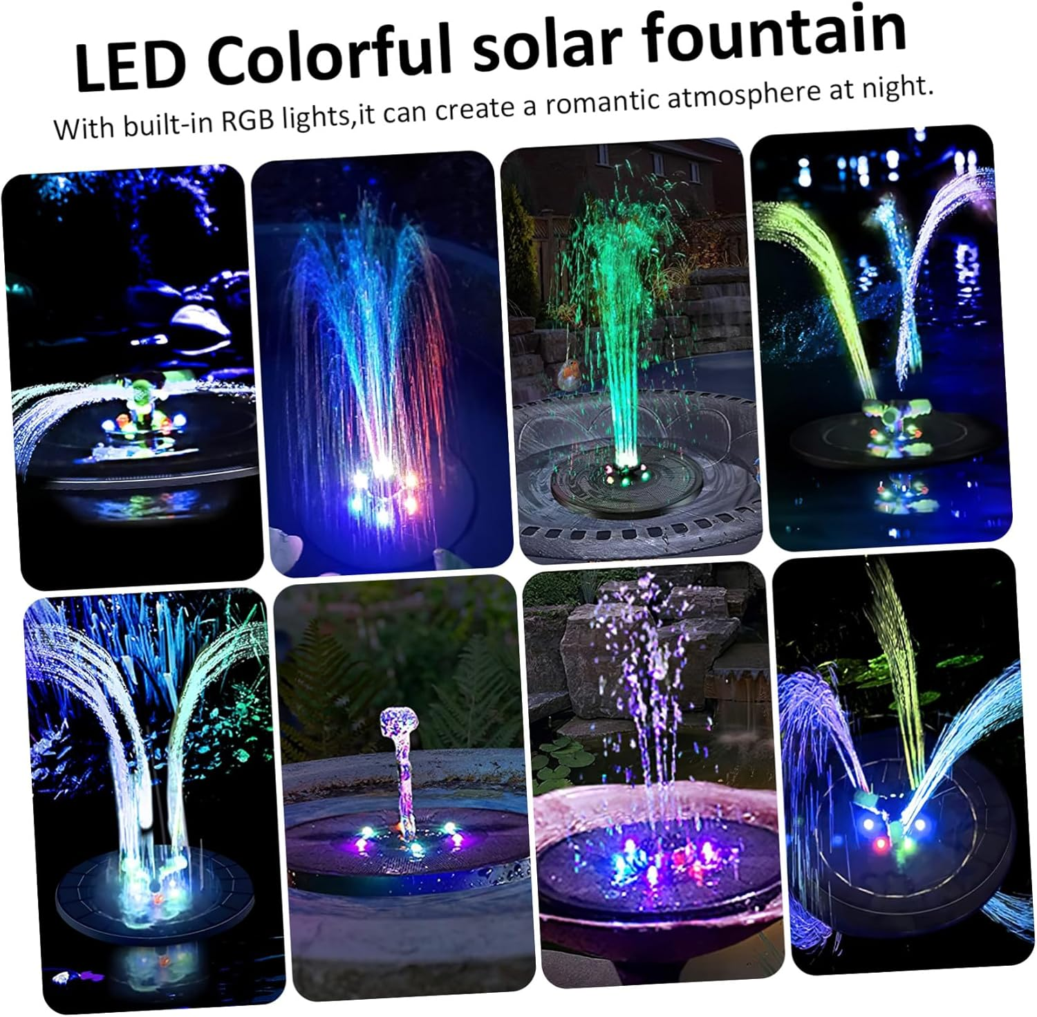 Solar Powered Fountain Pump with RGB Color Lights Multi-Nozzle Outdoor Garden and Bird Bath Fountain Water Shortage Protection Solar Panel for Patio Pool Landscape image number 4