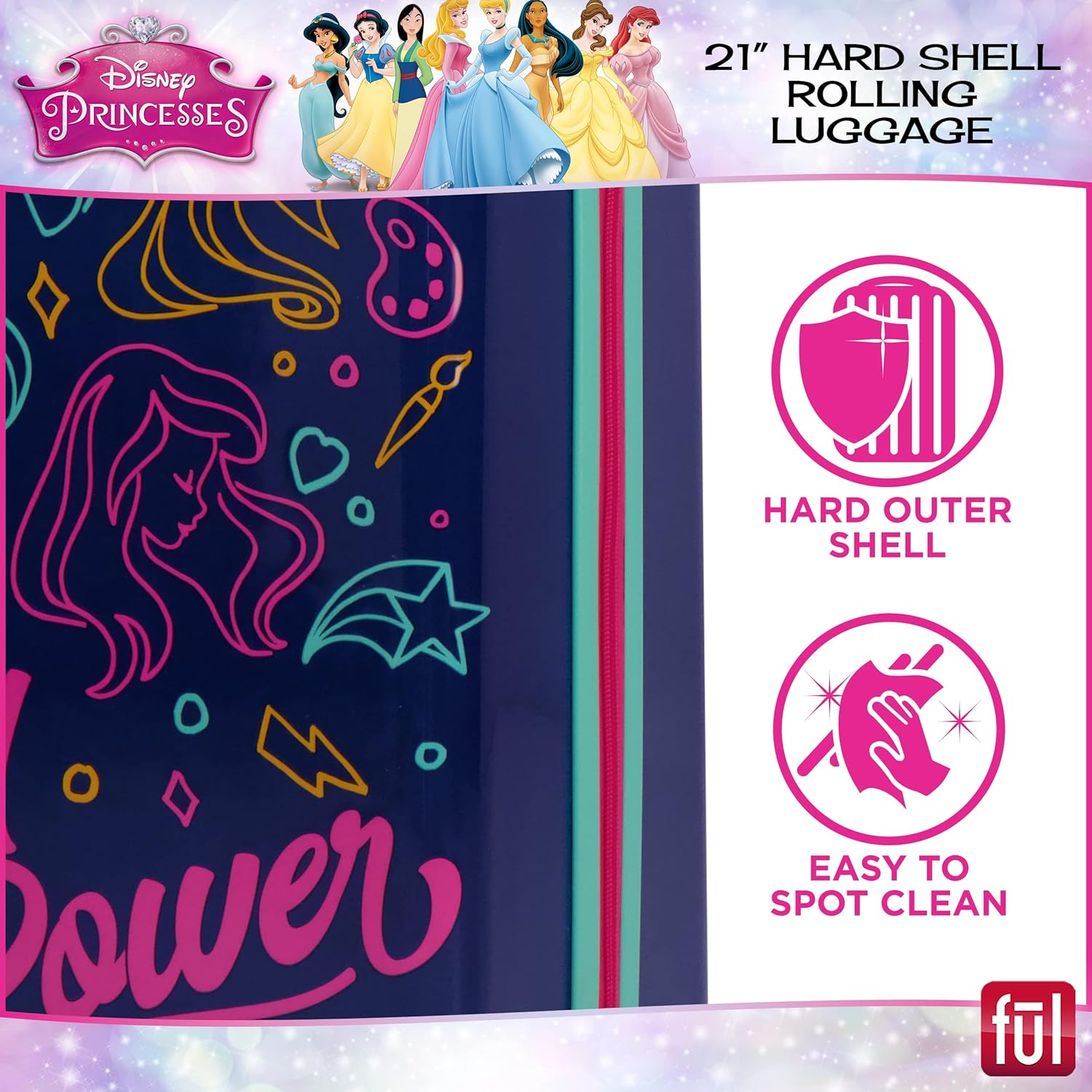 FUL Disney Princess Girl Power Kids Rolling Luggage, Hardshell Carry on Suitcase with Wheels, Blue, Blue, Disney Princess Girl Power Kids Rolling Luggage, Hardshell Carry on Suitcase with Wheels image number 3