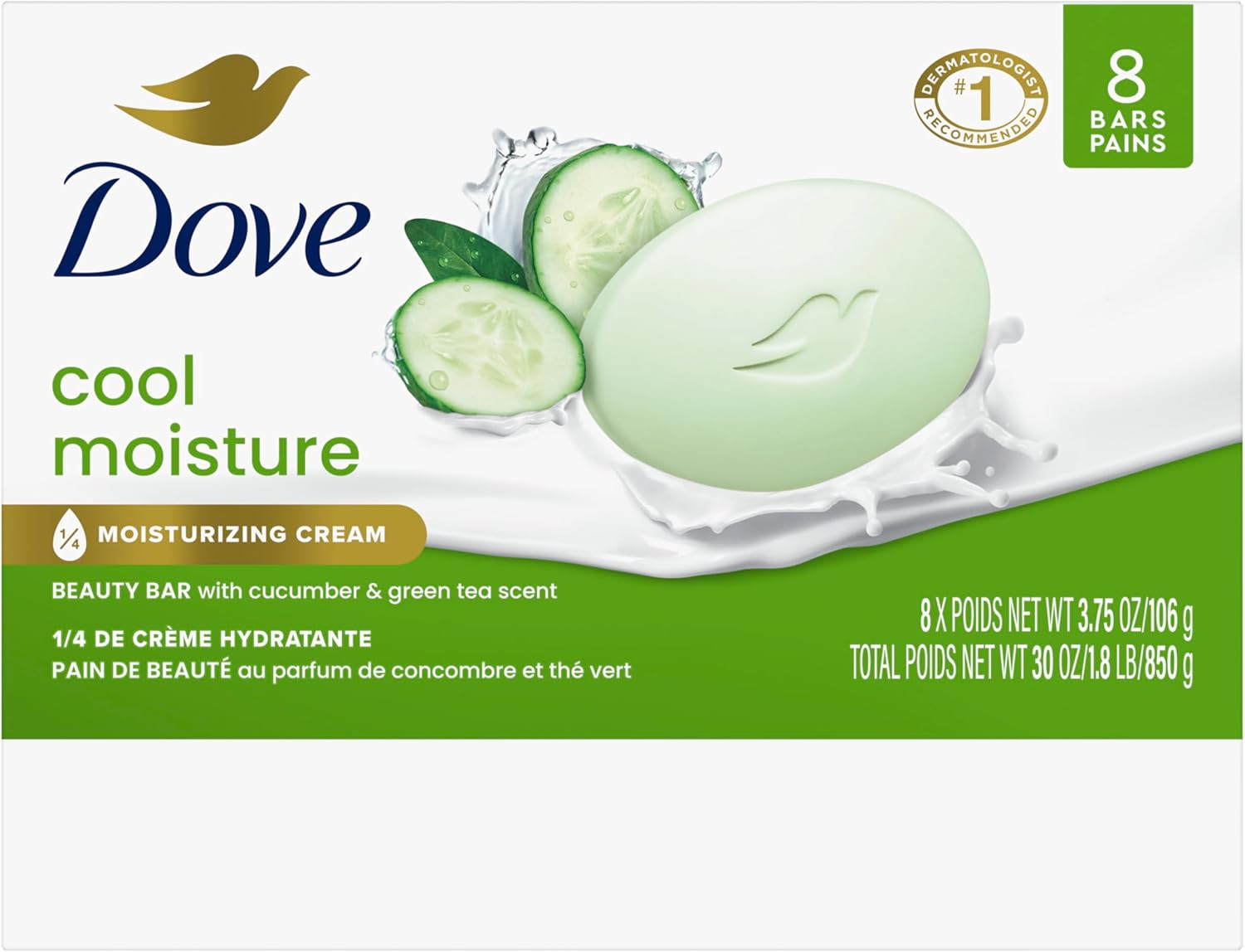 Dove Beauty Bar Soap Cool Moisture Cucumber & Green Tea Scent, 8 Bars for Refreshed Skin, Leaves Skin Refreshed 3.75 Oz image number 1