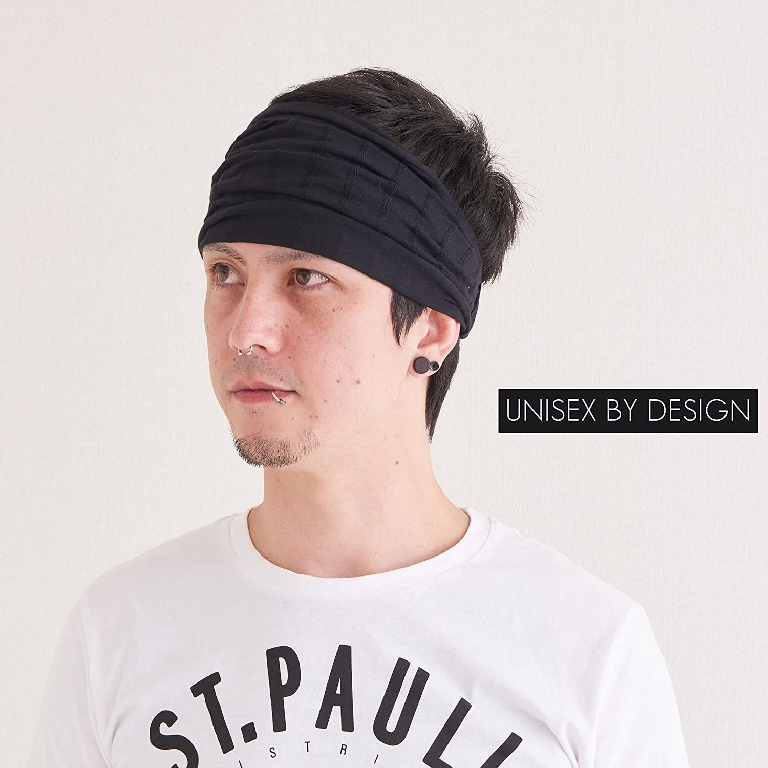 CHARM Wide Headband Bandana for Women - Mens Large Hair Turban Head Wraps Boho Band Black - Black image number 2