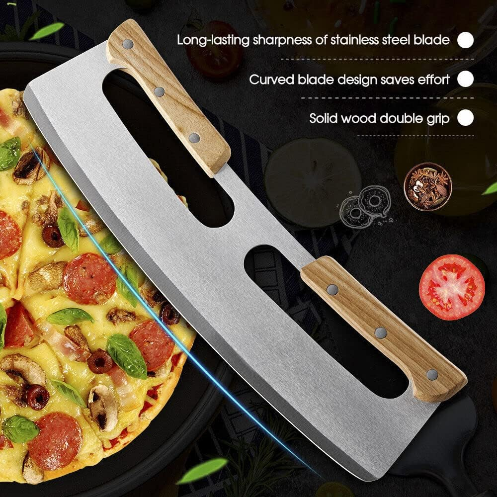 Leona Co 35CM Pizza Cutter Rocker, Stainless Steel Blade Knife with Wooden Handle & Protective Cover, Large Pizza Slicer Chopper Knife Cutters for Kitchen Tool image number 6
