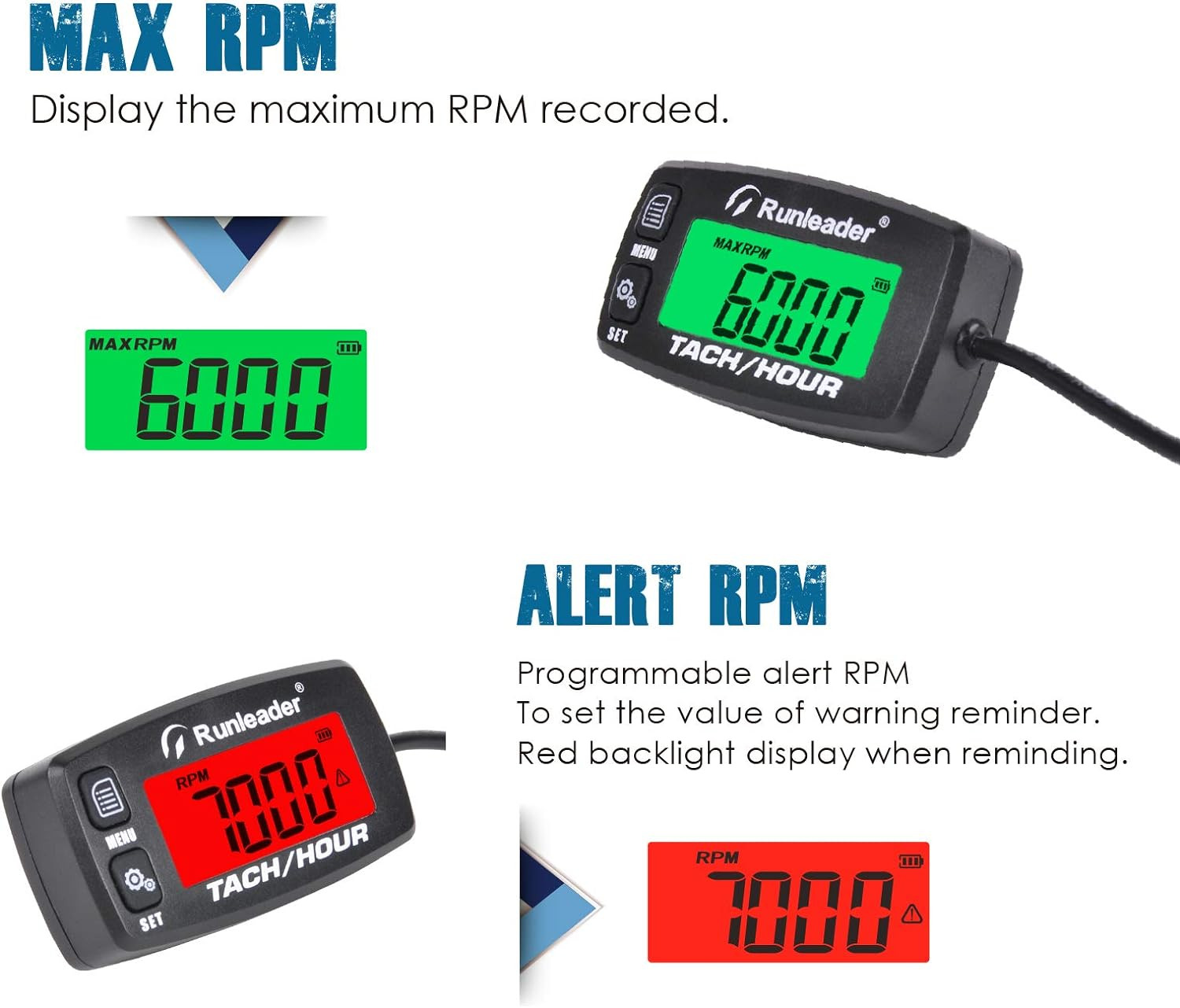 Runleader Digital Engine Hour Meter, Maintenance Reminder Tachometer for Riding Lawn Mower Tractor Generator Chainsaws Marine ATV Motorcycle Snowmobile Compressor and Gas Powered Equipment (Button-Bk) image number 2