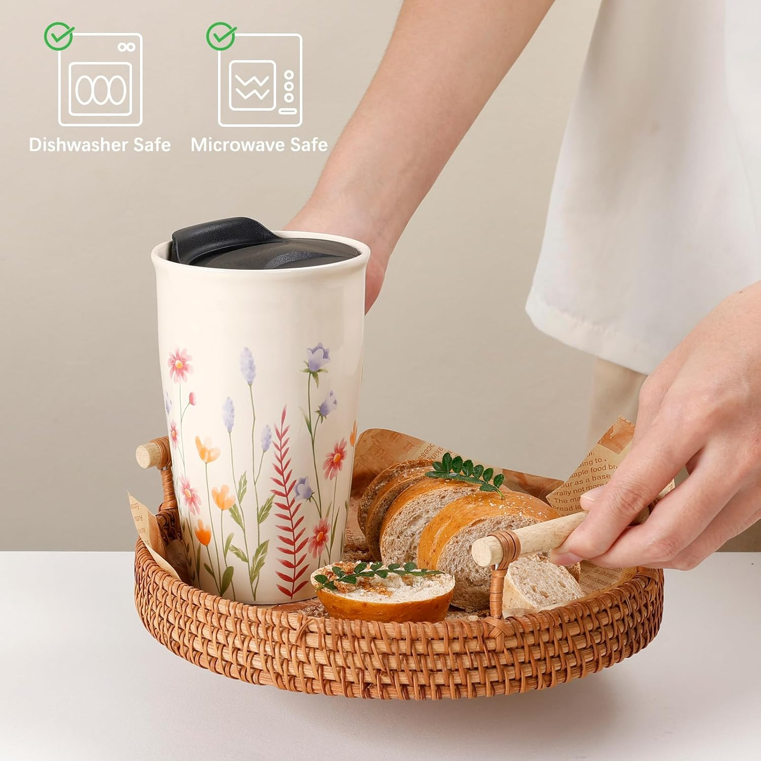 Umlaca Ceramic Coffee Mug with Lid, Double Wall Coffee Travel Mug Ceramic Tumbler 12 Oz, Reusable Tall Cup, Portable, Splash Resistant Lid for Hot Tea Cold Beverage Coffee Tumbler, Dishwasher Safe image number 4