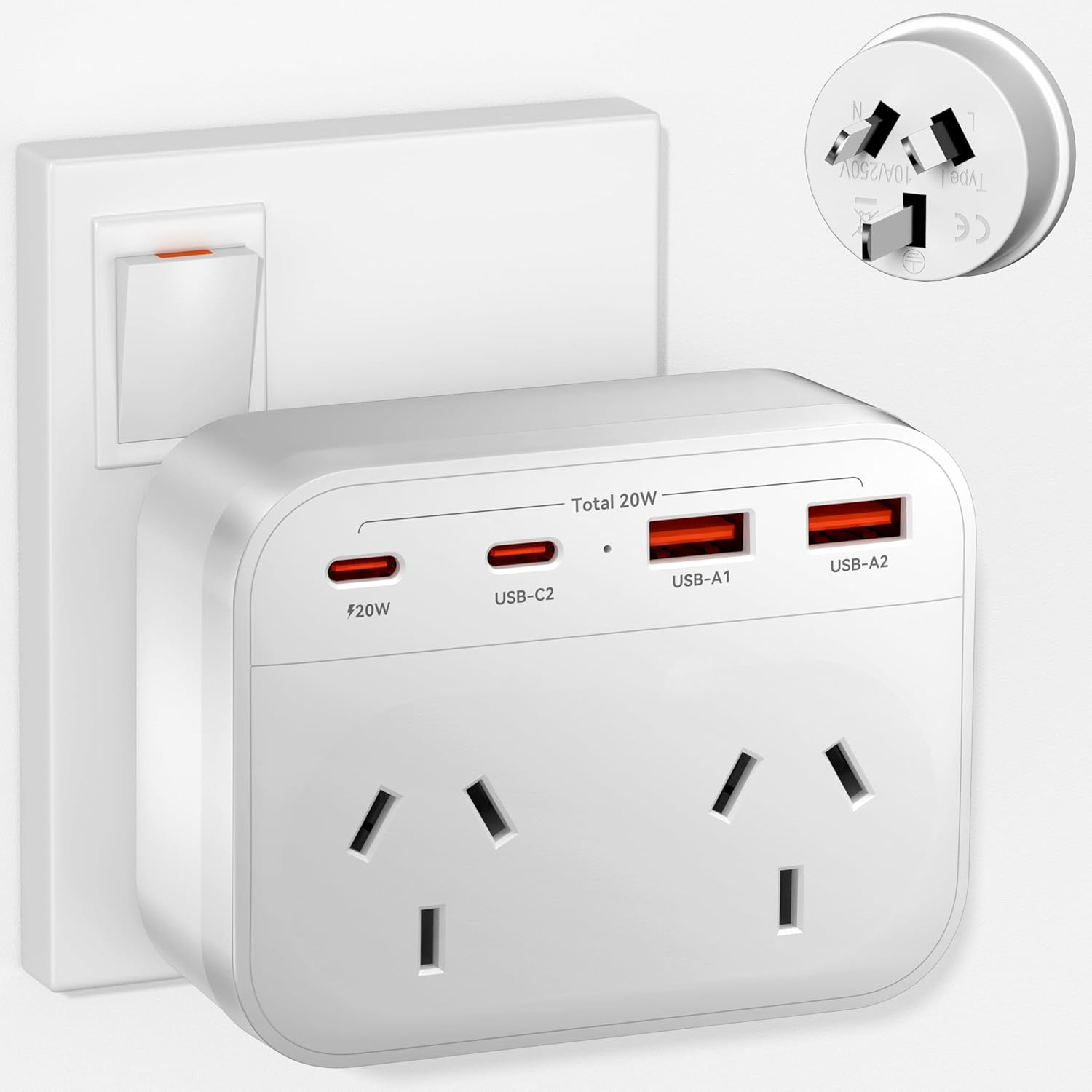 LOVELEDI USB Plug Extension - PD 20W USB C Powerpoint, 2 Way Socket Extender with 2 USB-C & 2 USB A, 6-In-1 Grounded Plug Power Outlet Double Adapter, Extension Board for Home, Office, Bedroom, Travel image number 2