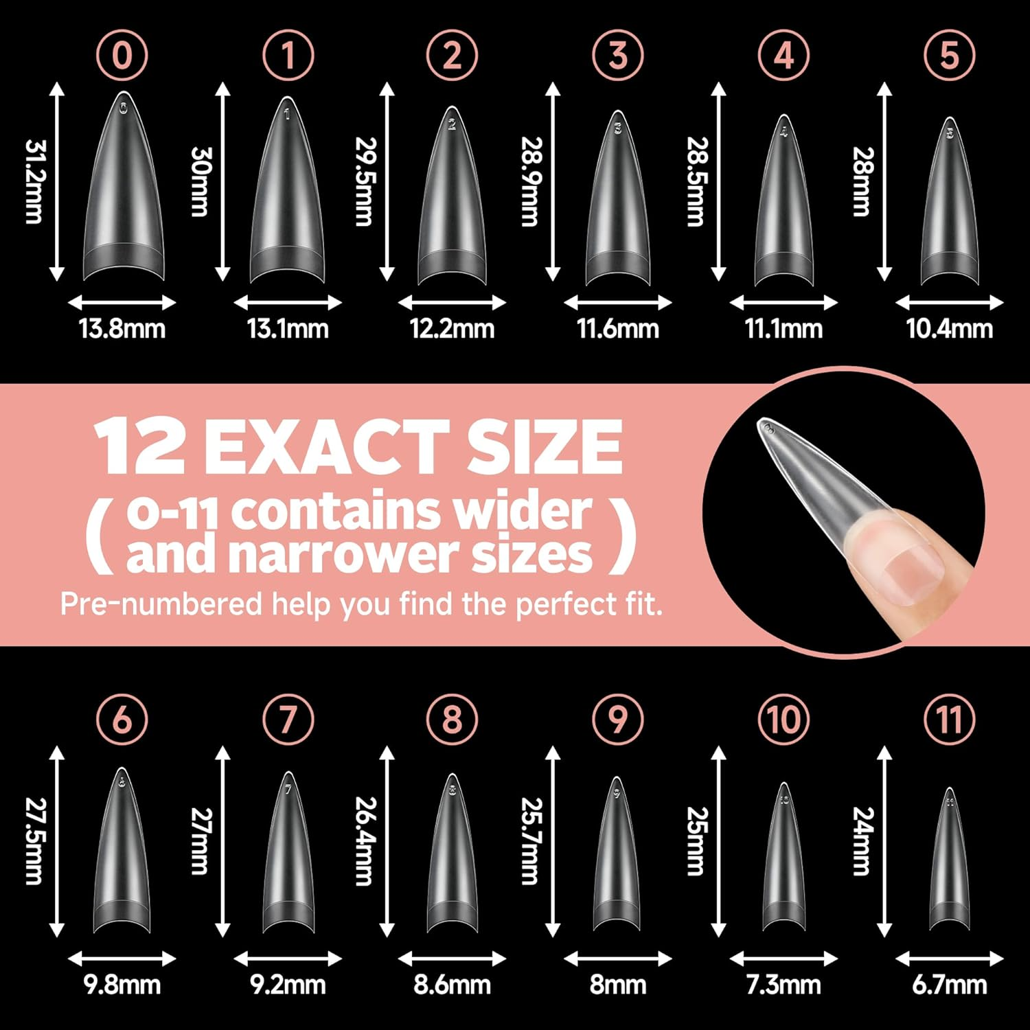 UNA GELLA Stiletto Gel Nail Tips 504Pcs Long Stiletto Almond Clear Curved Nails Tips Half Cover False Fake Nails for DIY Press on Nails Extension Art Salon 12 Sizes image number 1