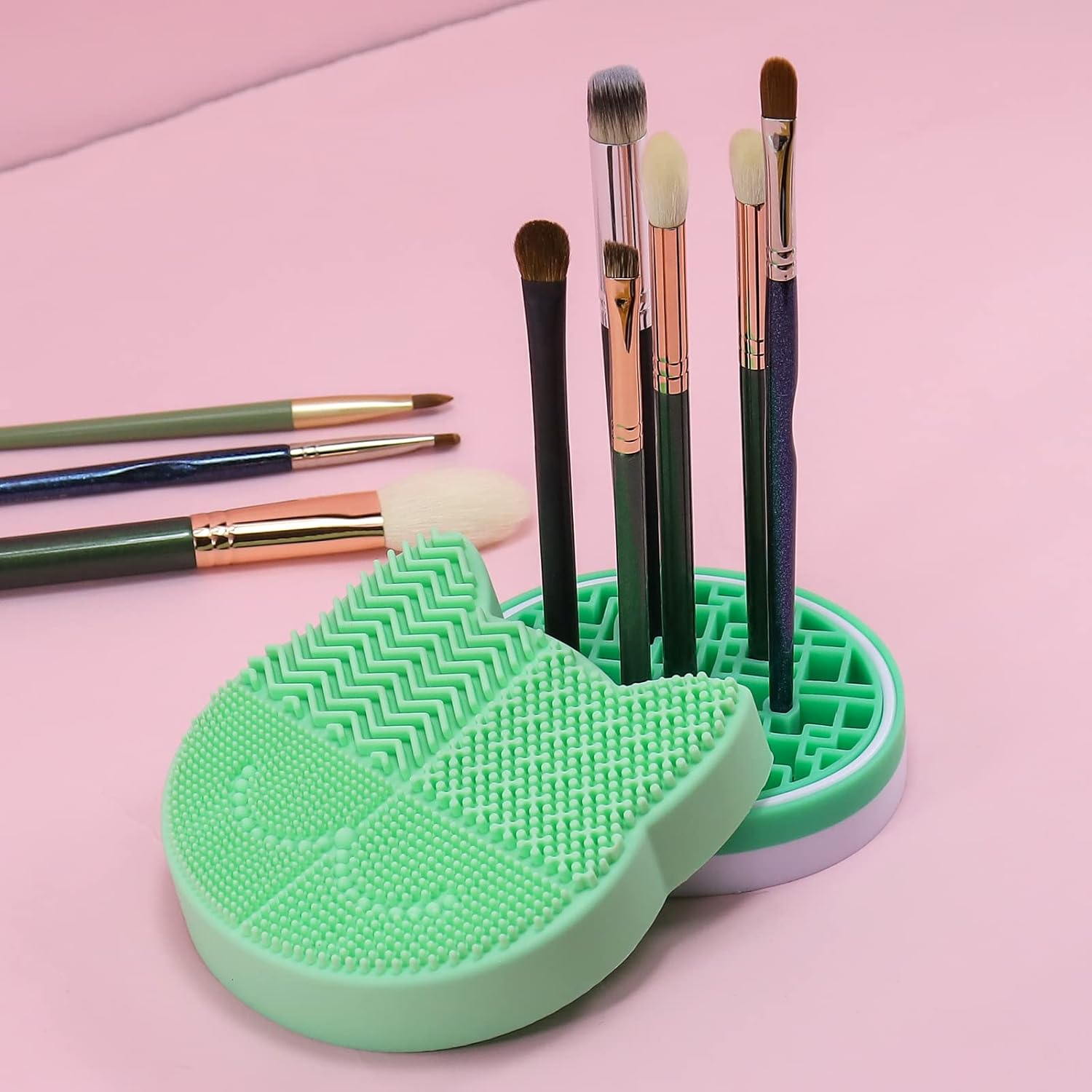Mygeromon Makeup Brush Cleaning Mat with Drying Holder for Sink- Silicone Washing Cosmetic Cleaner Pad (Green) image number 4