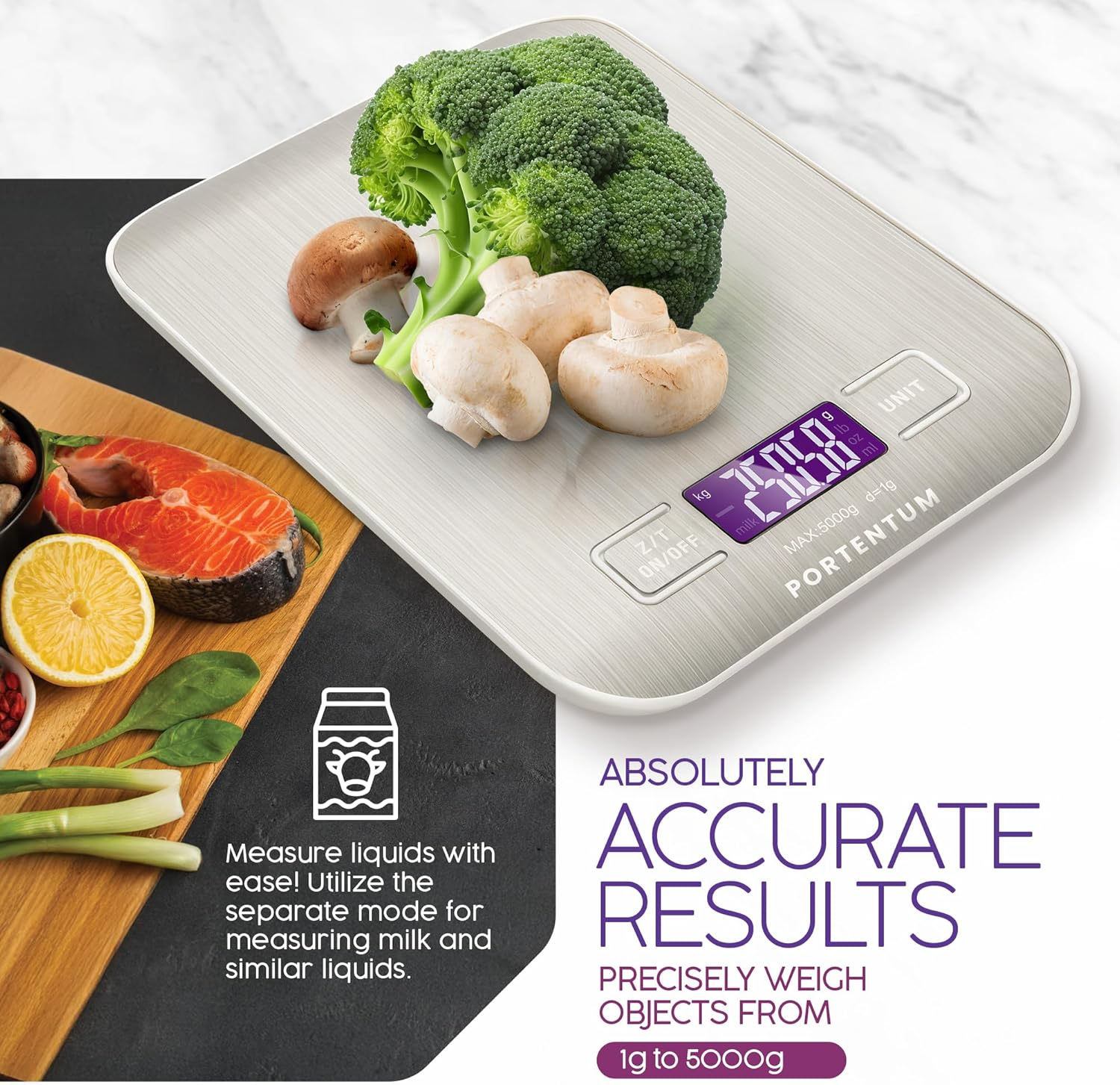 PORTENTUM Digital Kitchen Scales 5 Kg with Large LCD Display, Digital Scale, Letter Scales with Large Stainless Steel Weighing Surface, Liquid Measurement, High Precision up to 1 G, Tare Function, image number 3