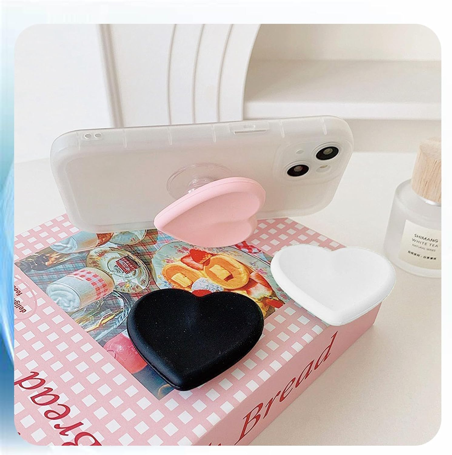 2PCS Heart-Shaped Silicone Mobile Phone Grip Stand,Zakora Collapsible Cellphone Finger Grip Holder for Smartphone Tablet Cell Phone Accessory (White) image number 2