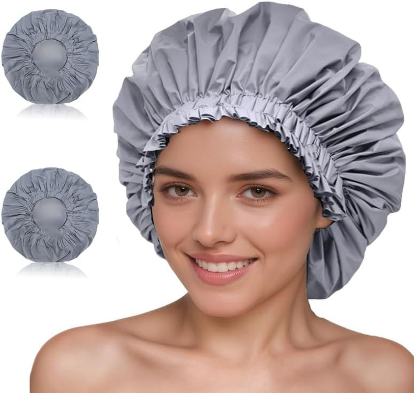 2 Packs Large Waterproof Shower Cap for Long Hair, Reusable Jumbo Shower Bonnets, Shower Head Cover for Locs, Curly, Baids & Wigs, XL Size Hair Cap for Spa Home Salon Use (Grey) image number 3