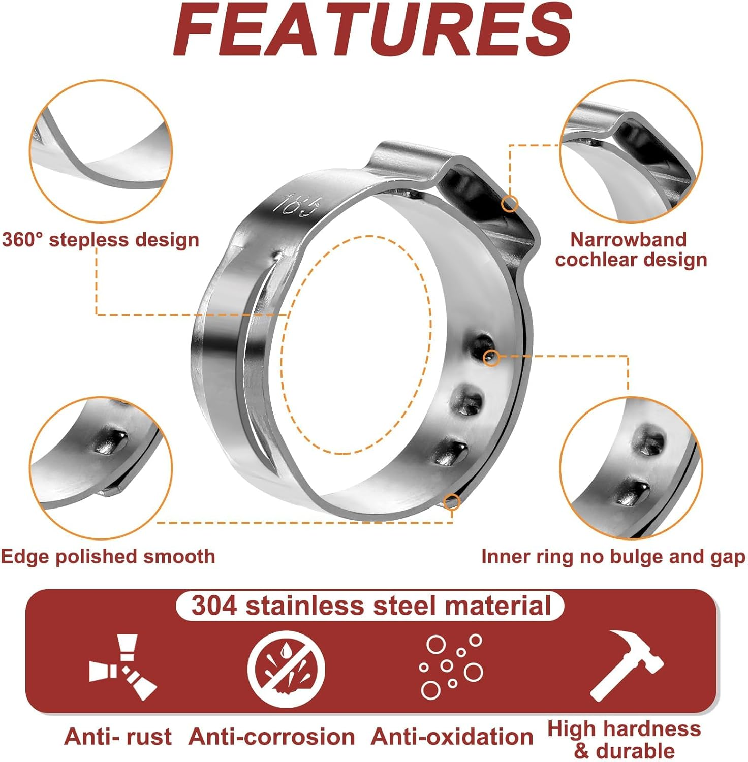 250 PCS 14 Sizes Single Ear Hose Clamp, 5.3-33.1Mm 304 Stainless Steel Ear Clamp Kit with Ear Clamp Pincer, Stepless Hose Clamps Cinch Rings for Automotive, Home Appliance Line and Plumbing image number 4