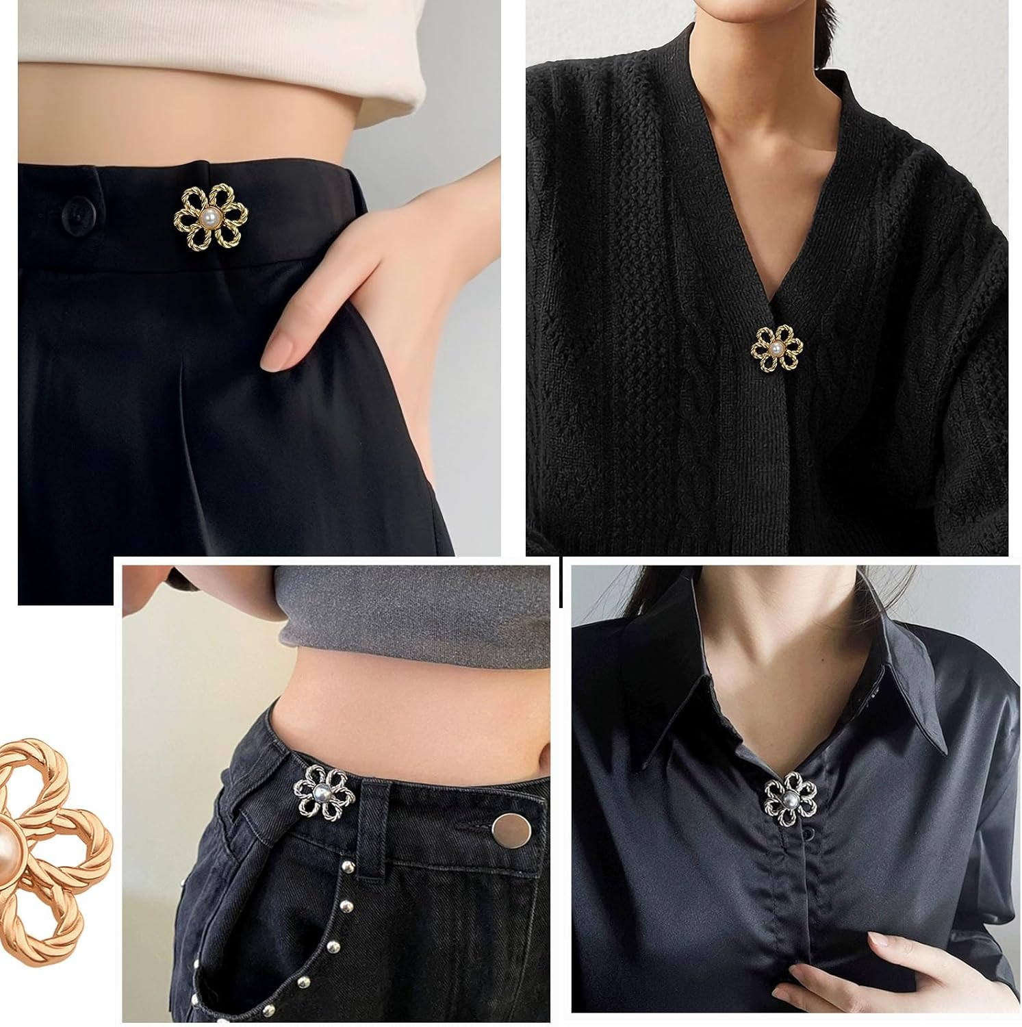 8 Sets Flower Jeans Button Pant Waist Tightener, Adjustable Waist Buckle Sets No Sew and No Tools Detachable Decorative Buckles, Jean Buttons Pins for Loose, Pants, Skirts, Sleeves image number 1