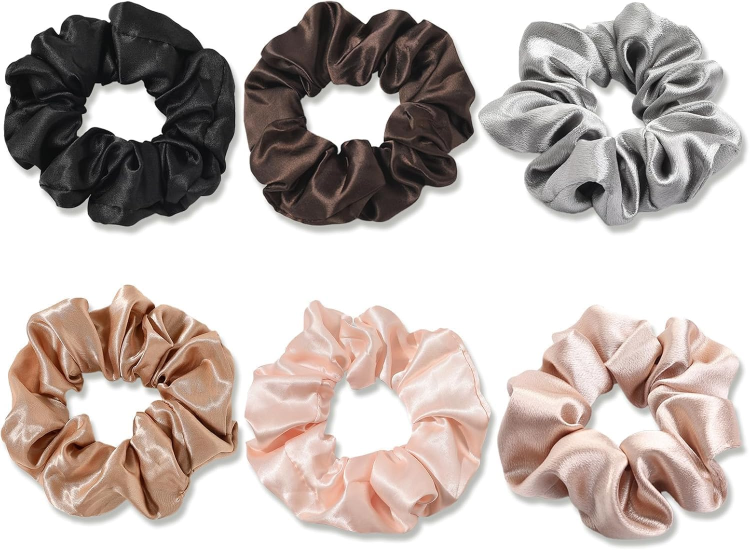 6 Pack Scrunchies for Hair, Hair Scrunchies for Women Girls, Soft Satin Scrunchy for Sleeping, Big Sleep Tie Scrunchie with Elastic Hair Bands for Thick Thin Fine Curly Hair，Ponytail Holder Long Hair Scrunchies Ties Ponytail Hair (Black, Grey, Brown, Pink, Champagne, Chocolate)