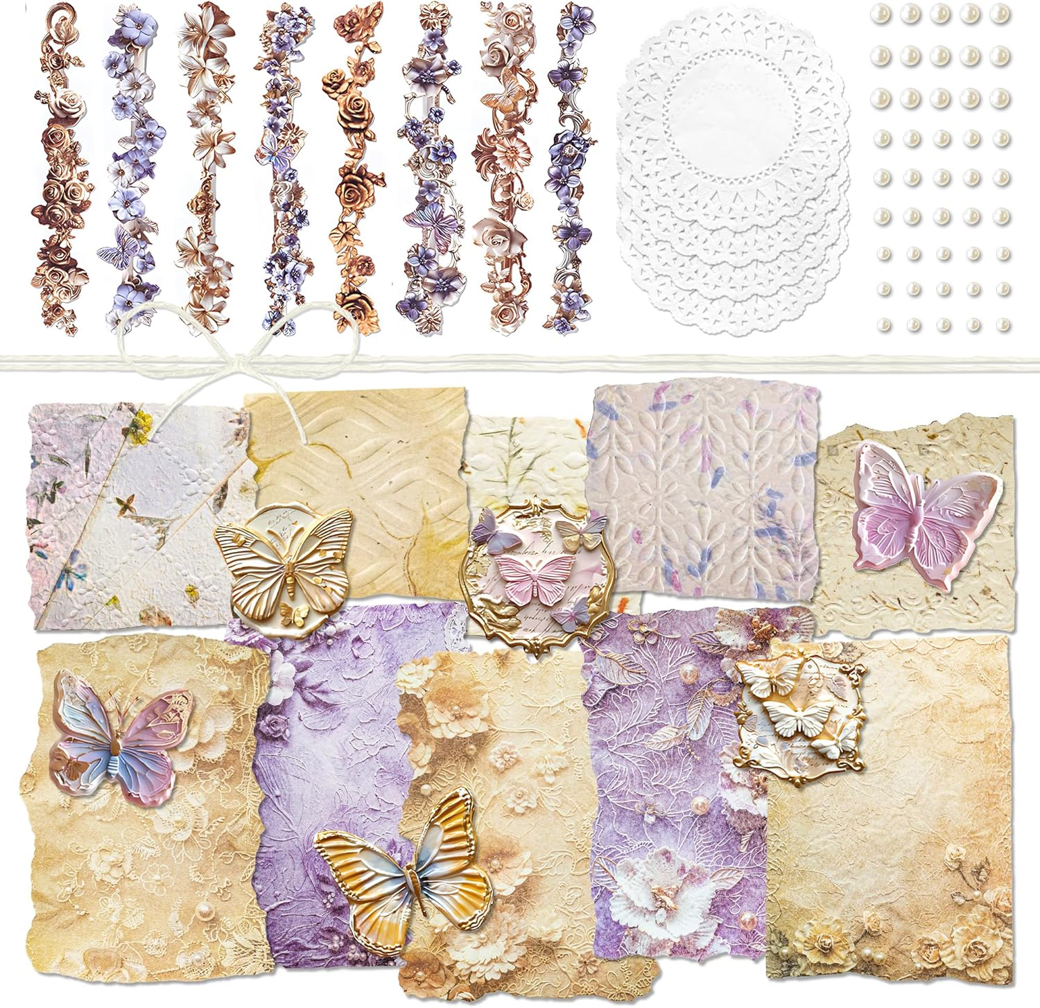 Aesthetic Butterfly Themed Sticker Embossed Flower Pattern Decorative Paper Set Retro Strip Decal Vintage Decoupage Pack for Scrapbook Supplies Journal Kit Card Making Collaging (Penny)