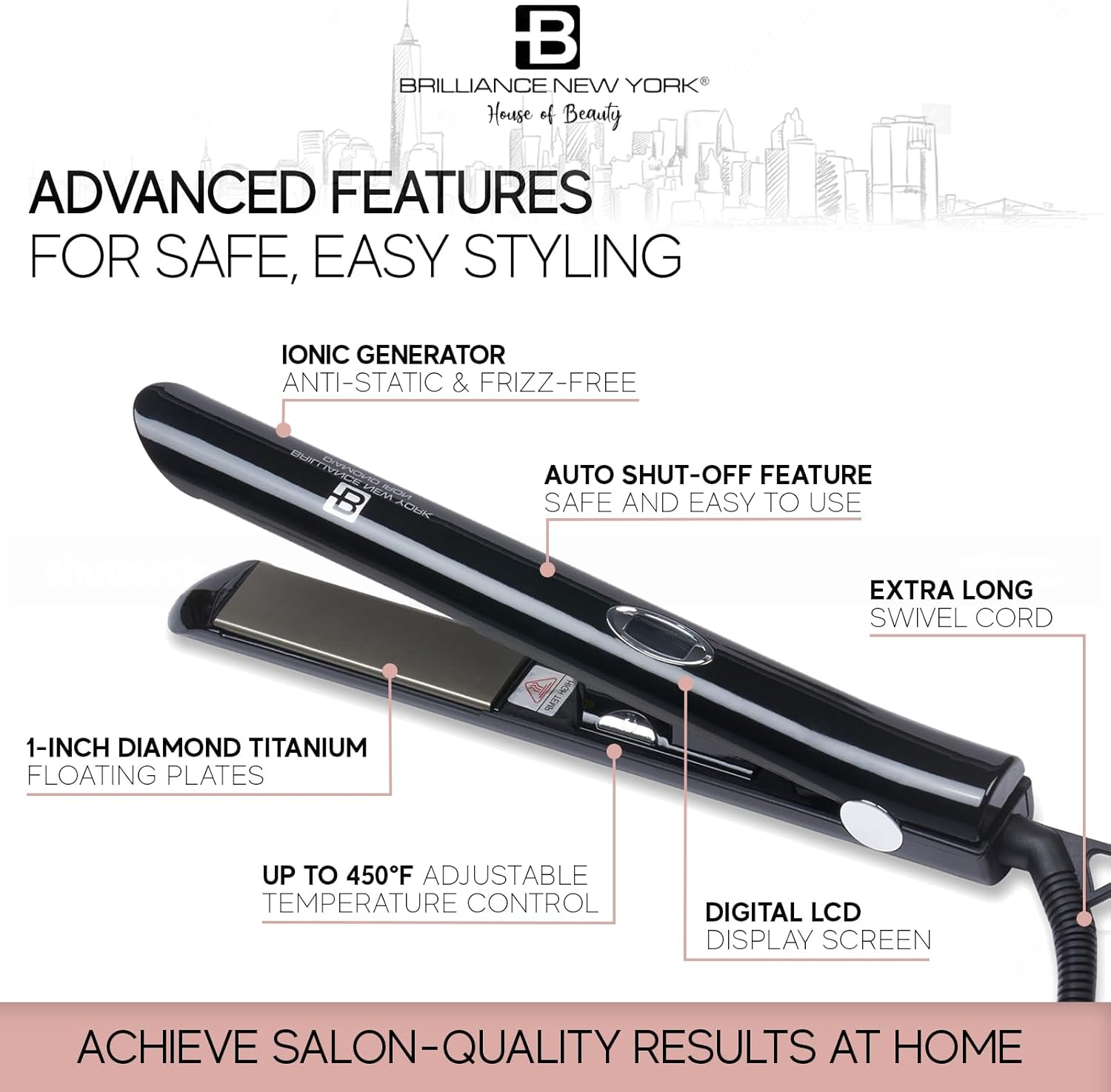 Brilliance New York - 1 Inch Diamond Titanium Flat Iron - 2 in 1 Hair Straightener and Curler - Anti-Static, Frizz-Free Ionic Plates - Auto Shut-Off Dual Voltage Flat Iron W/Lcd Display image number 4