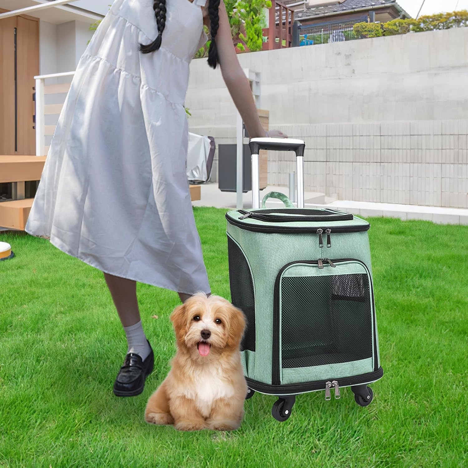 Rolling Pet Carrier, Portable Large Capacity Breathable Pet Carrier with Low Noise Wheels, Side Pocket anti Scratch Cat Backpack for Travel (Green)