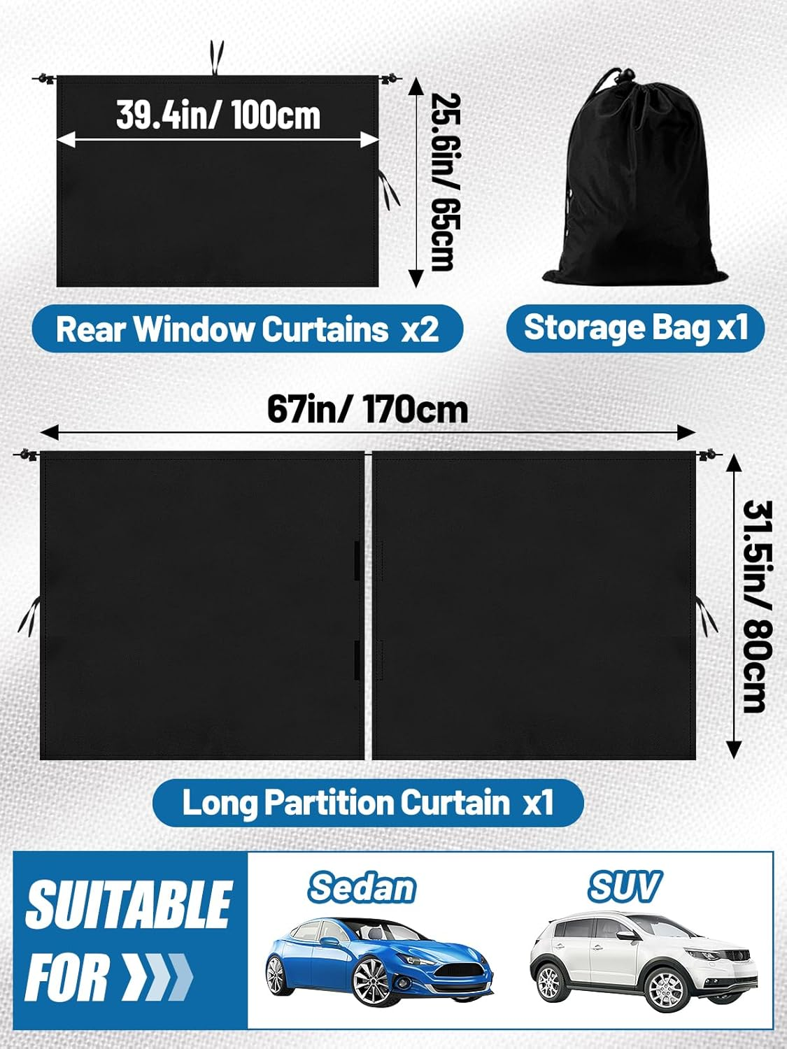 PAMASE Set of 3 Car Privacy Curtains - 95% Light Blocking Fabric Rear Seat & Side Windows Divider Curtain Baby Shades, Wide Sedan SUV Sunshade Screen Covers for Travel Camping Nap Sleeping