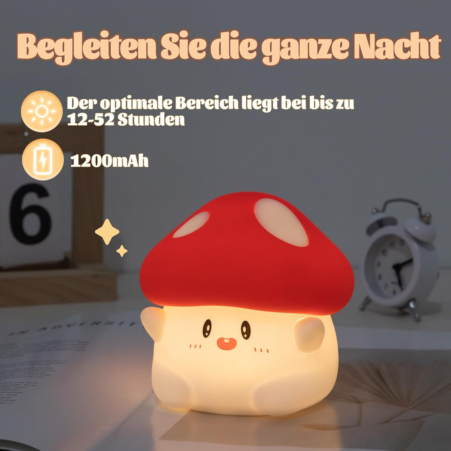 Mushroom Night Light, Cute LED Squishy Night Lamp, 2 Levels Dimmable, Rechargeable, Timer, White Silicone image number 1