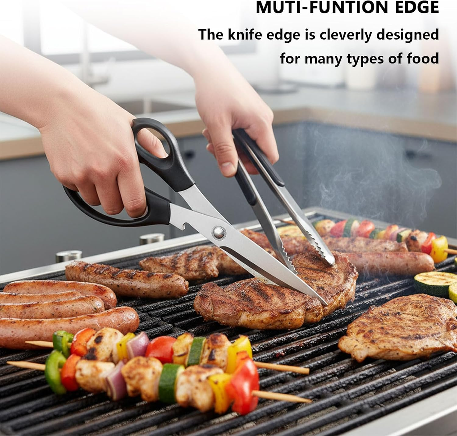 Kitchen Scissors and Tongs Set, Stainless Steel Multipurpose BBQ Shears for Cutting Meat, Chicken, and Vegetables, Non-Slip Serrated BBQ Scissors with Cooking Tongs for Grilling