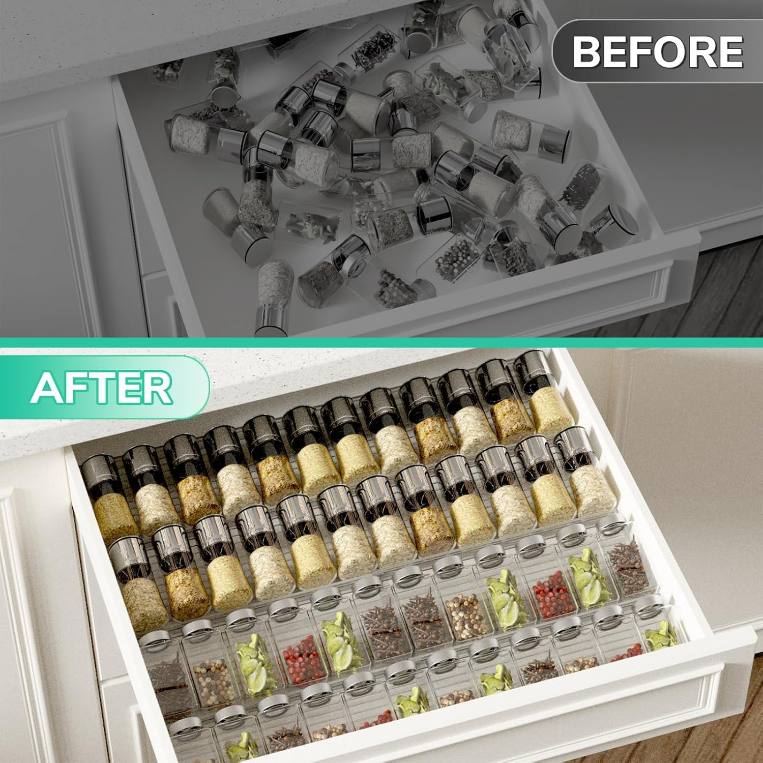 AVITONG Clear Acrylic Expandable Spice Rack for Drawers &ndash; 4 Pack Seasoning Organiser Holds 48 Jars, Fits Drawers from 28&ndash;56Cm Wide (Jars Not Included) image number 3