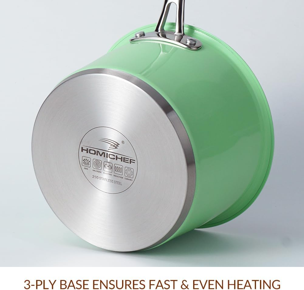 HOMICHEF Nickel Free Stainless Steel 2.37 L Sauce Pan with Glass Lid - 18CM Mint-Green No Coating No Toxic Induction Saucepan image number 3