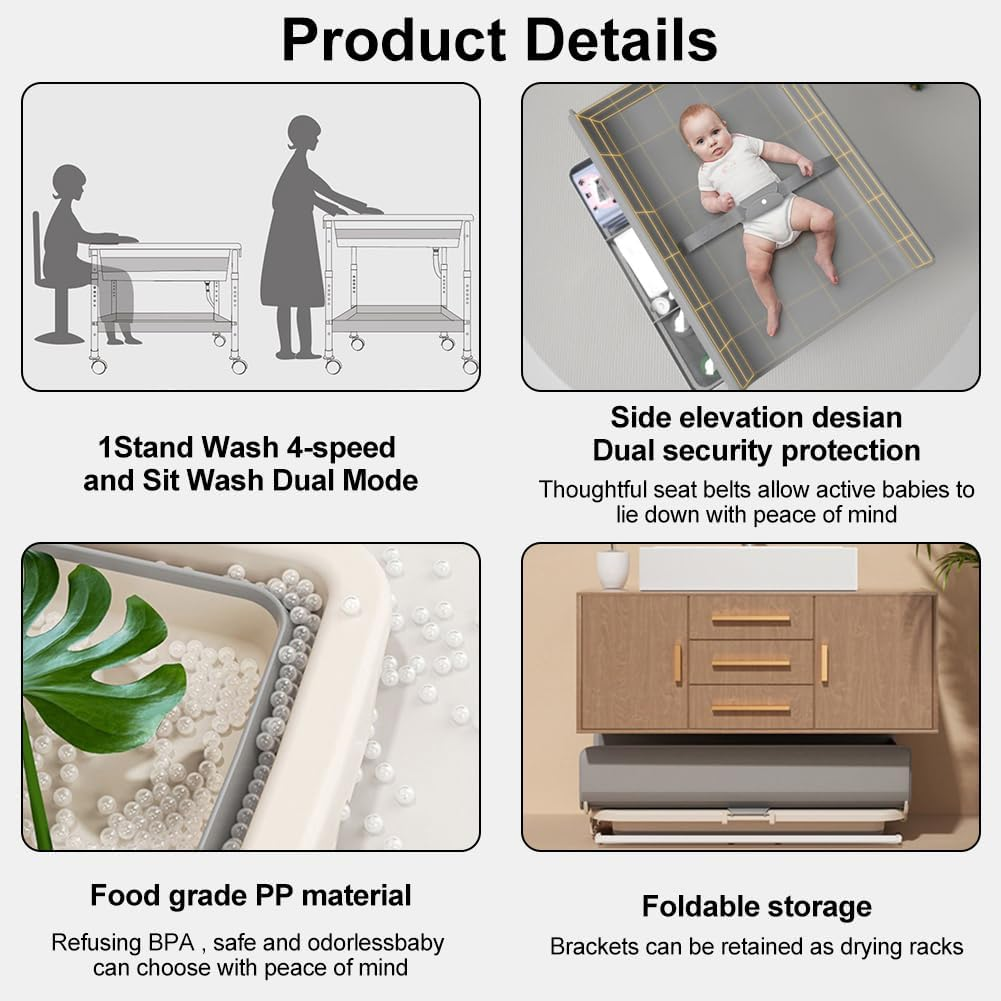 CHAOFLIGHT Portable Baby Changing Table 2-In-1 Baby Change Station with Tub Foldable Baby Bath Stand with Adjustable Height Diaper Change Table for Newborn Infant Mobile Nursery Organizer image number 2