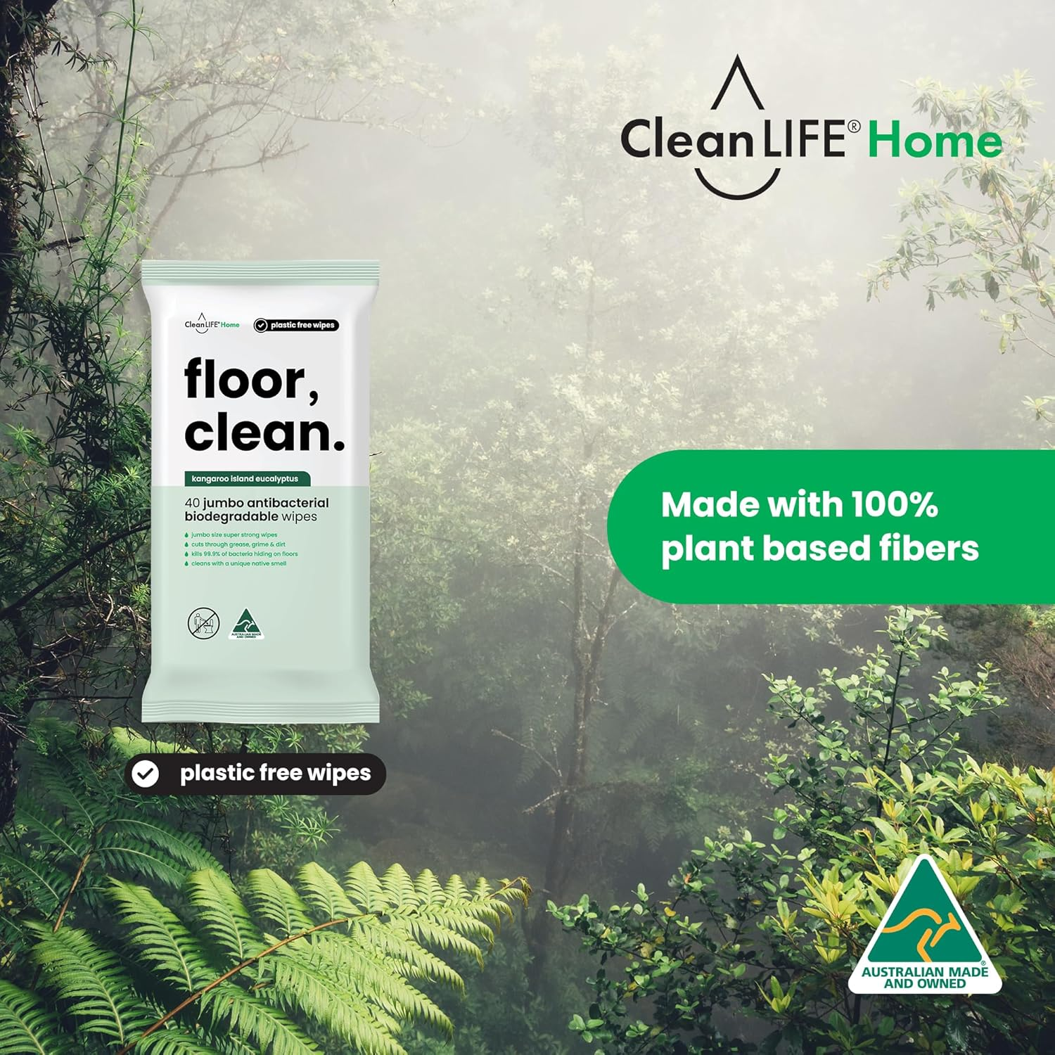 Cleanlife Disinfecting Floor Wipes - Biodegradable Plant-Based Wet Pads, Mop-Compatible Quick Sanitising, Disinfectant Cleaner, 40 Wipes Pack image number 1