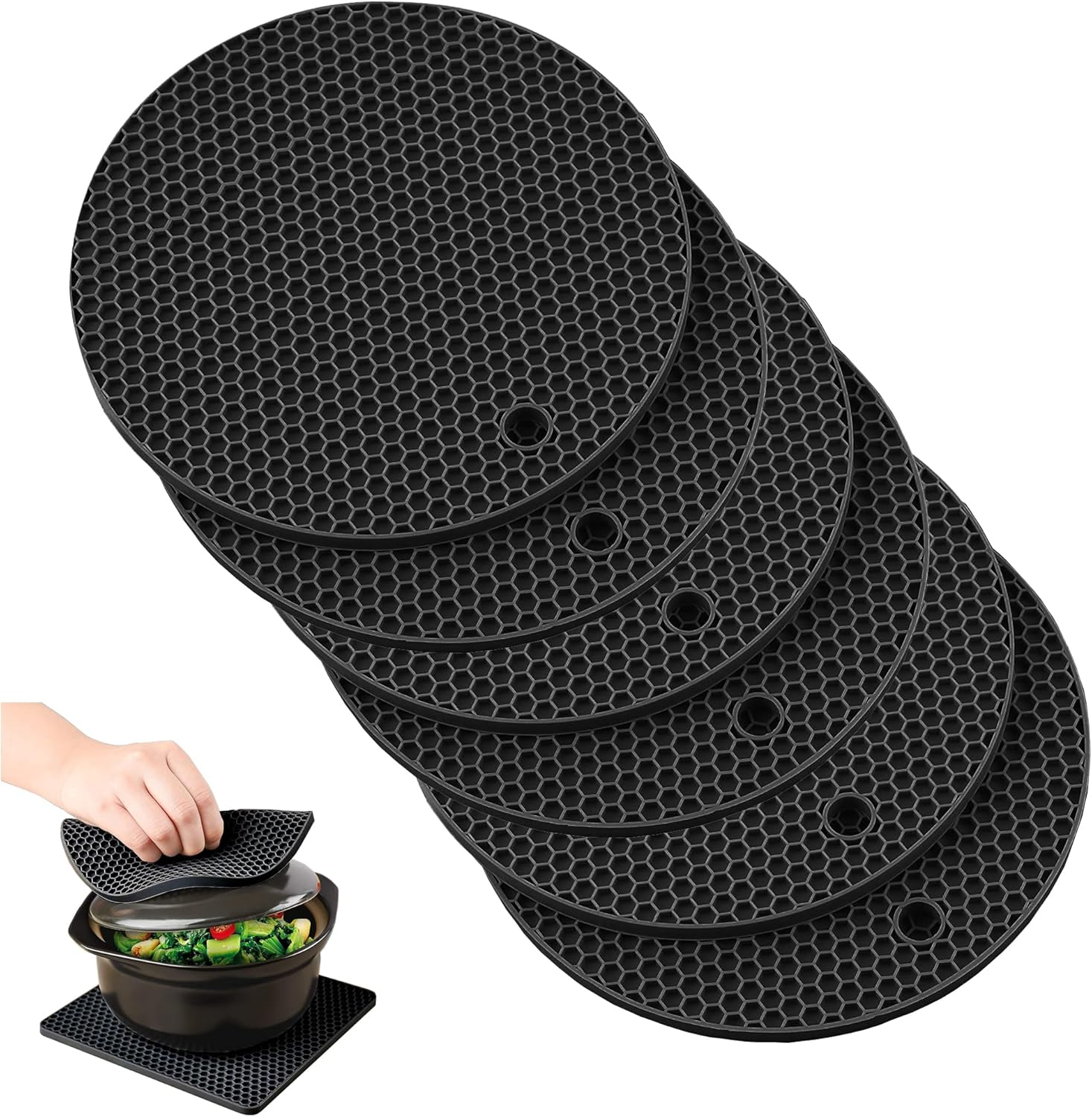 Silicone Trivet Mats - 6 Heat Resistant Pot Holders, Multipurpose Non-Slip Hot Pads for Kitchen Potholders, Hot Dishers, Jar Opener, Spoon Holder, Flexible Easy to Wash and Dry (Black)