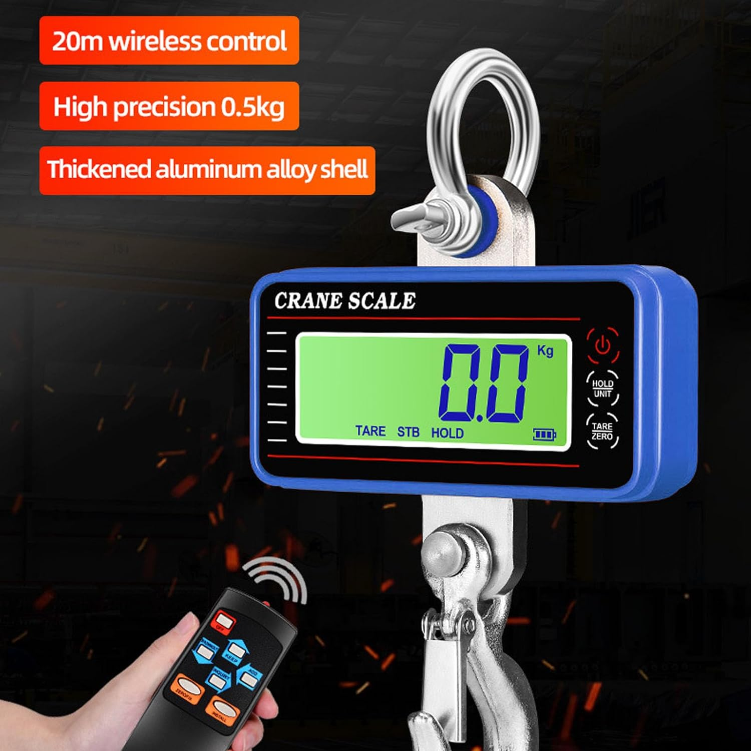 Electronic Crane Scale 1500Kg, High Accuracy Sensor LED Screen Portable Wireless Hanging Hook Scale for Factory Warehouse Dock Blue image number 3