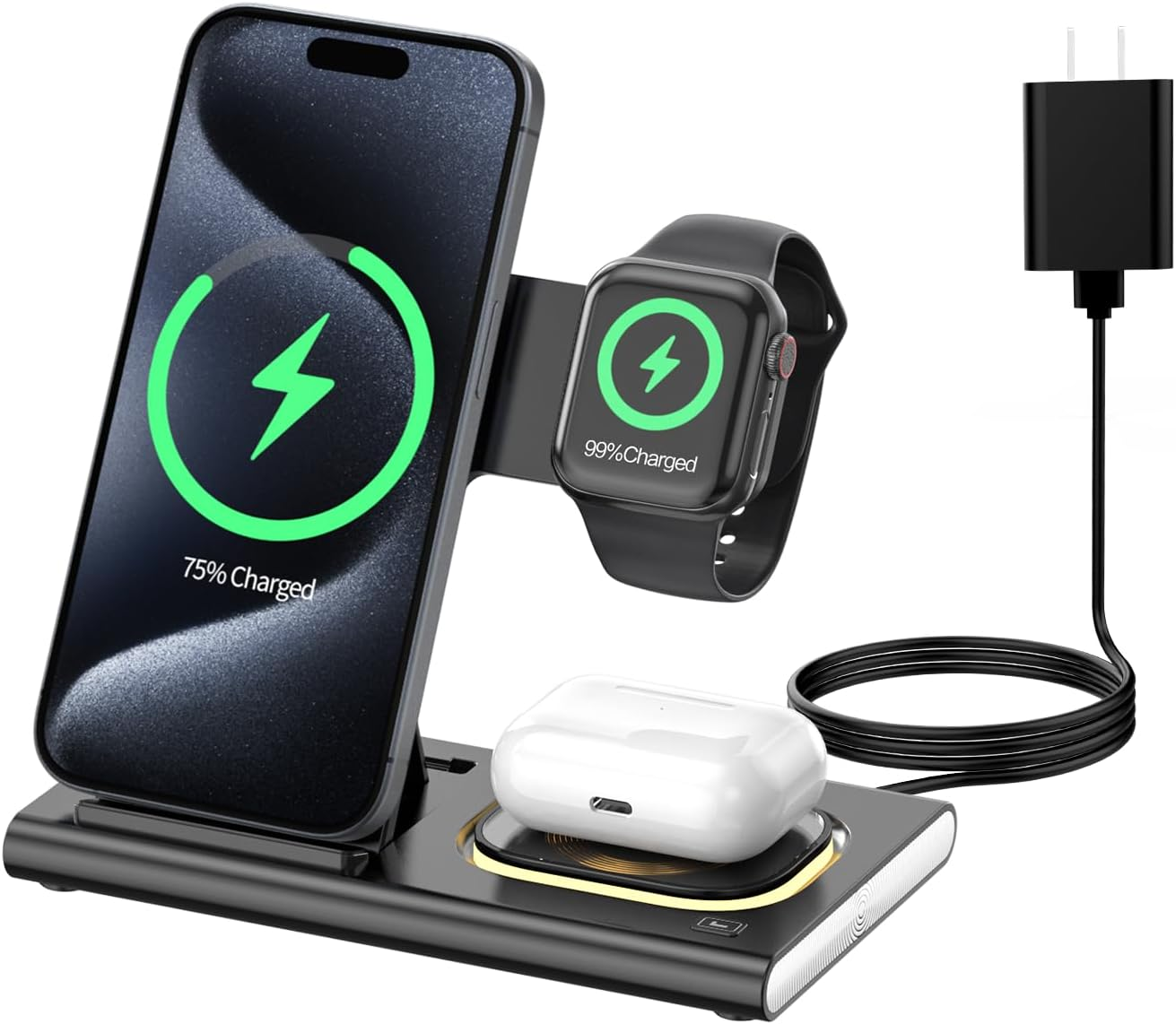 KARTICE Wireless Charger,3 in 1 Foldable Fast Wireless Charging Station for Iphone 17 16 15 14 13 12 Pro Max, Apple Charging Station with Light for Apple Watch 11 10 9 Ultra3/2 Airpods 4 3 2 Pro 3/2