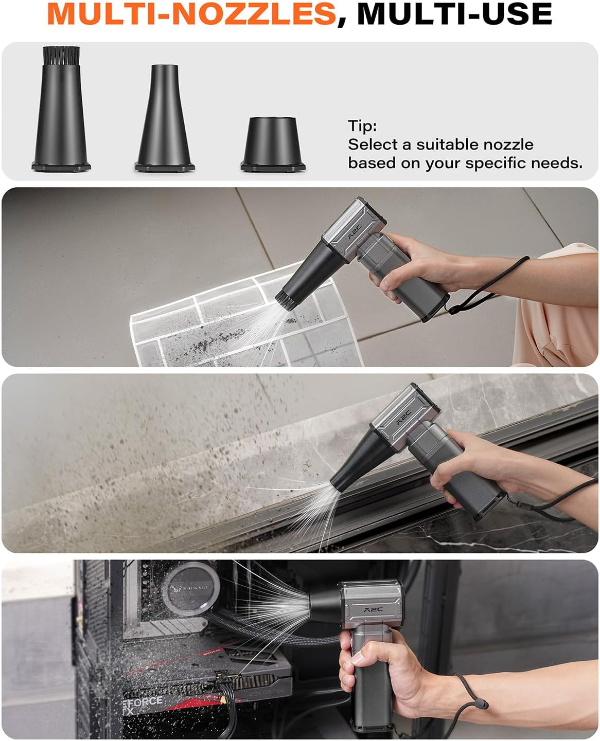 A2C Upgraded 40Mm Motor Compressed Air Duster, 450G Strong Airflow Cordless Electric Duster, 4-Gear Adjustable Air Blower, Rechargeable Duster for Keyboard, Computer, PC, Outdoor, House & Car image number 6