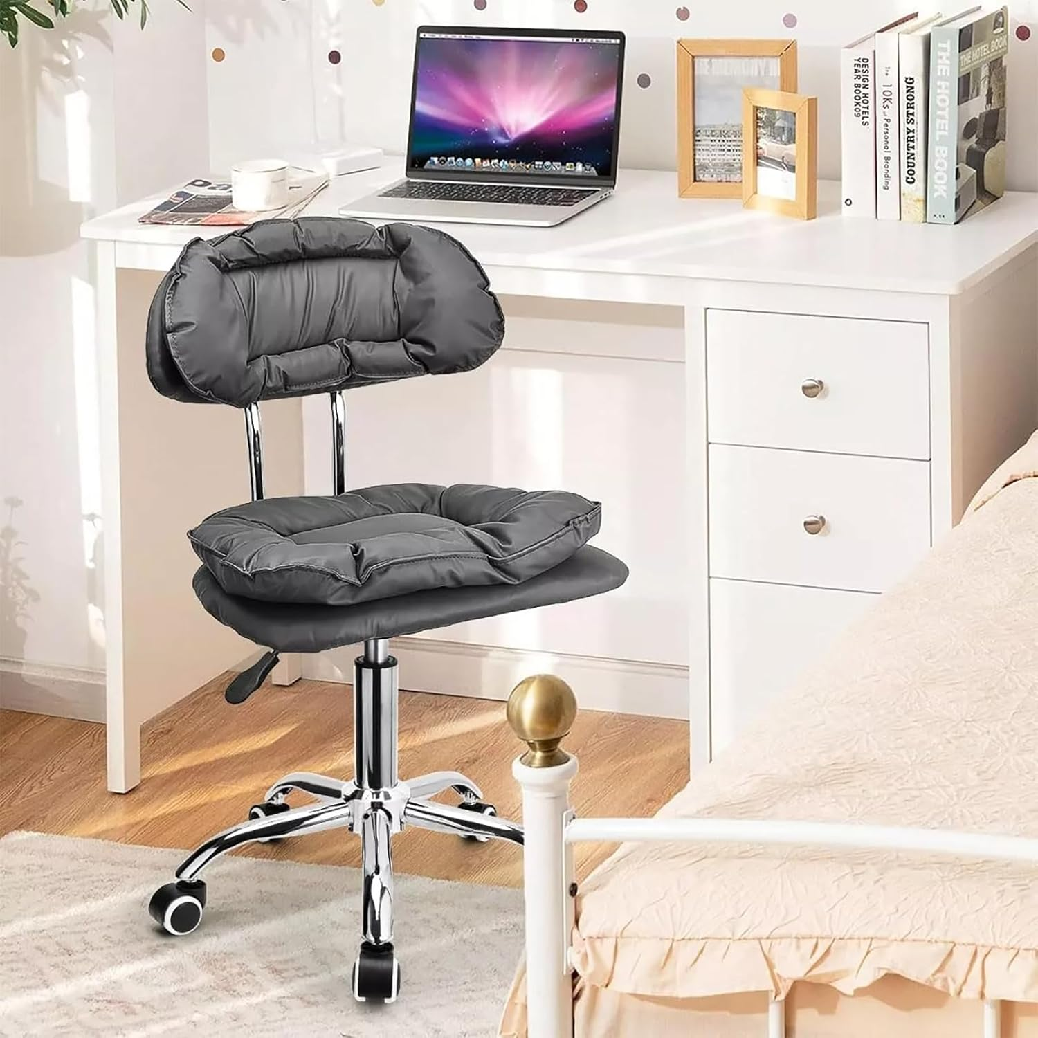 GO TILING Home Office Chair Adjustable Height Rolling Stool with Low Backrest &ndash; Swivel Office Chair with Thickened Cushion for Kids Adult Study Work for Home, Salon, Spa, Nail Shop, White
